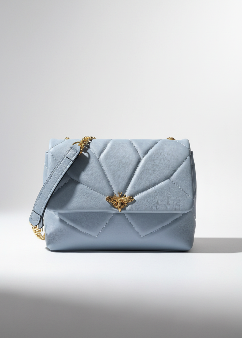 Hochwertige Lederhandtasche Biene, hellblau