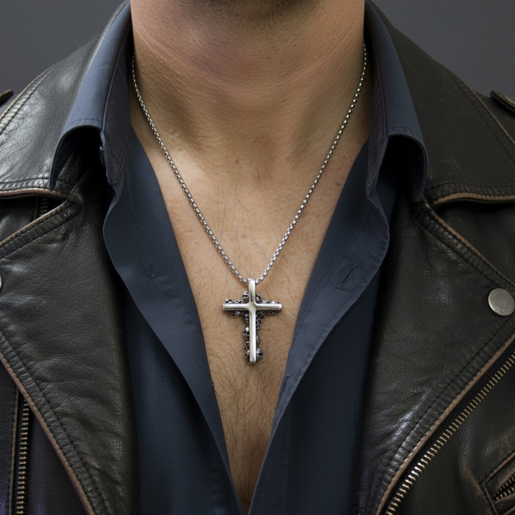 Edelstahl Kreuz Kette mit Skulls