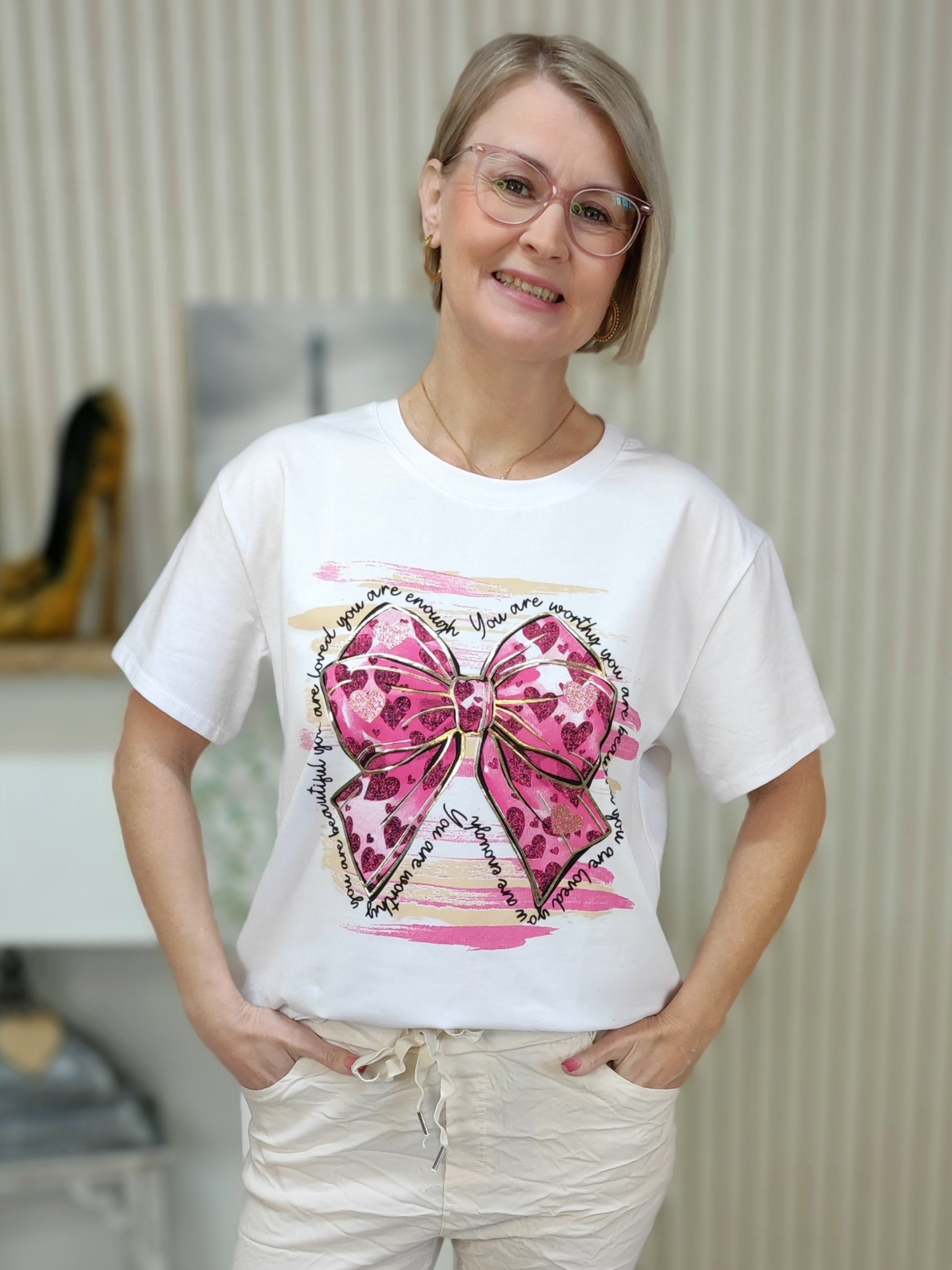 T-Shirt "Schleife" weiß/pink (36-40)