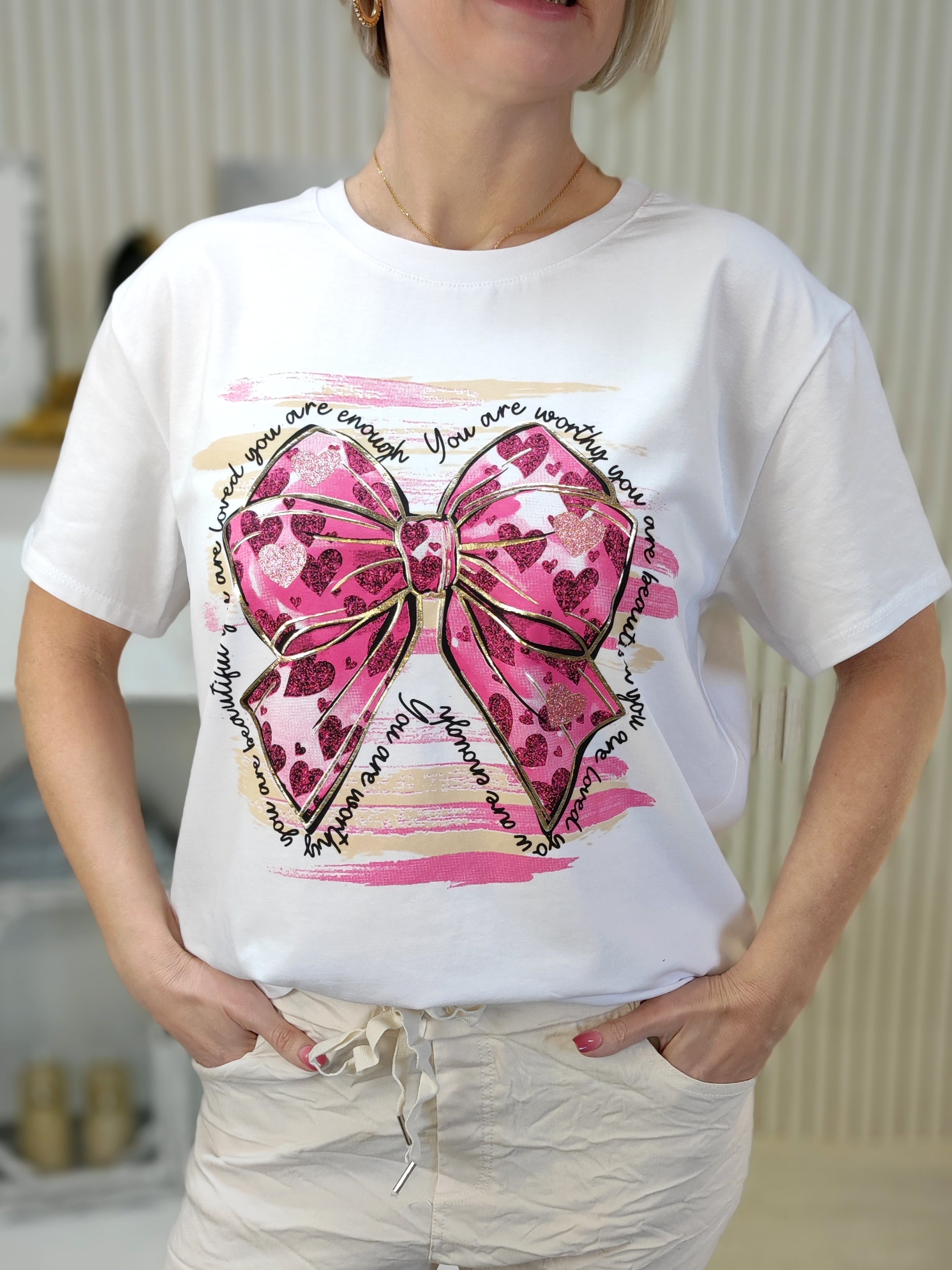 T-Shirt "Schleife" weiß/pink (36-40)