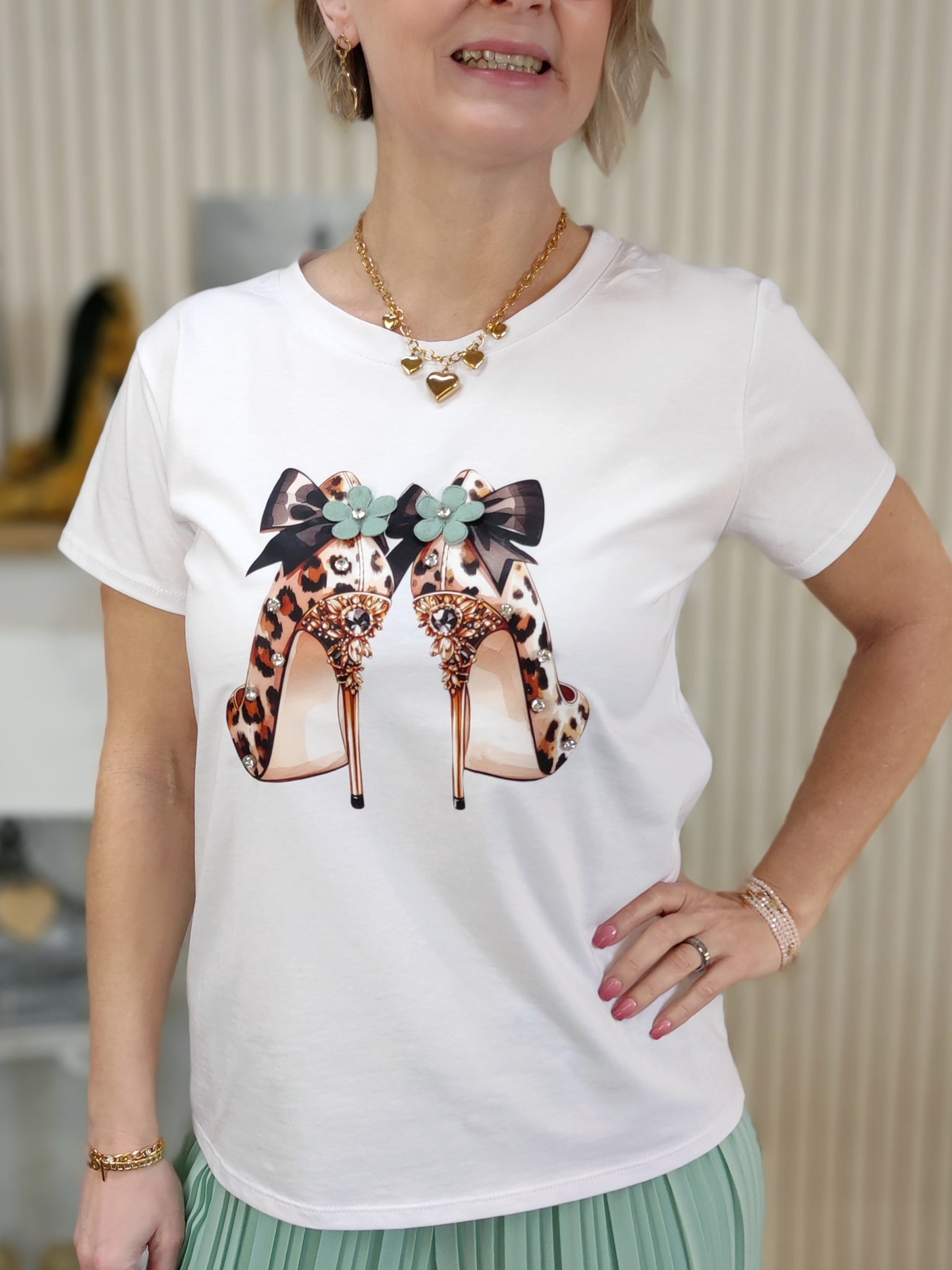 T-Shirt "High Heel" weiß/leo (36-40)