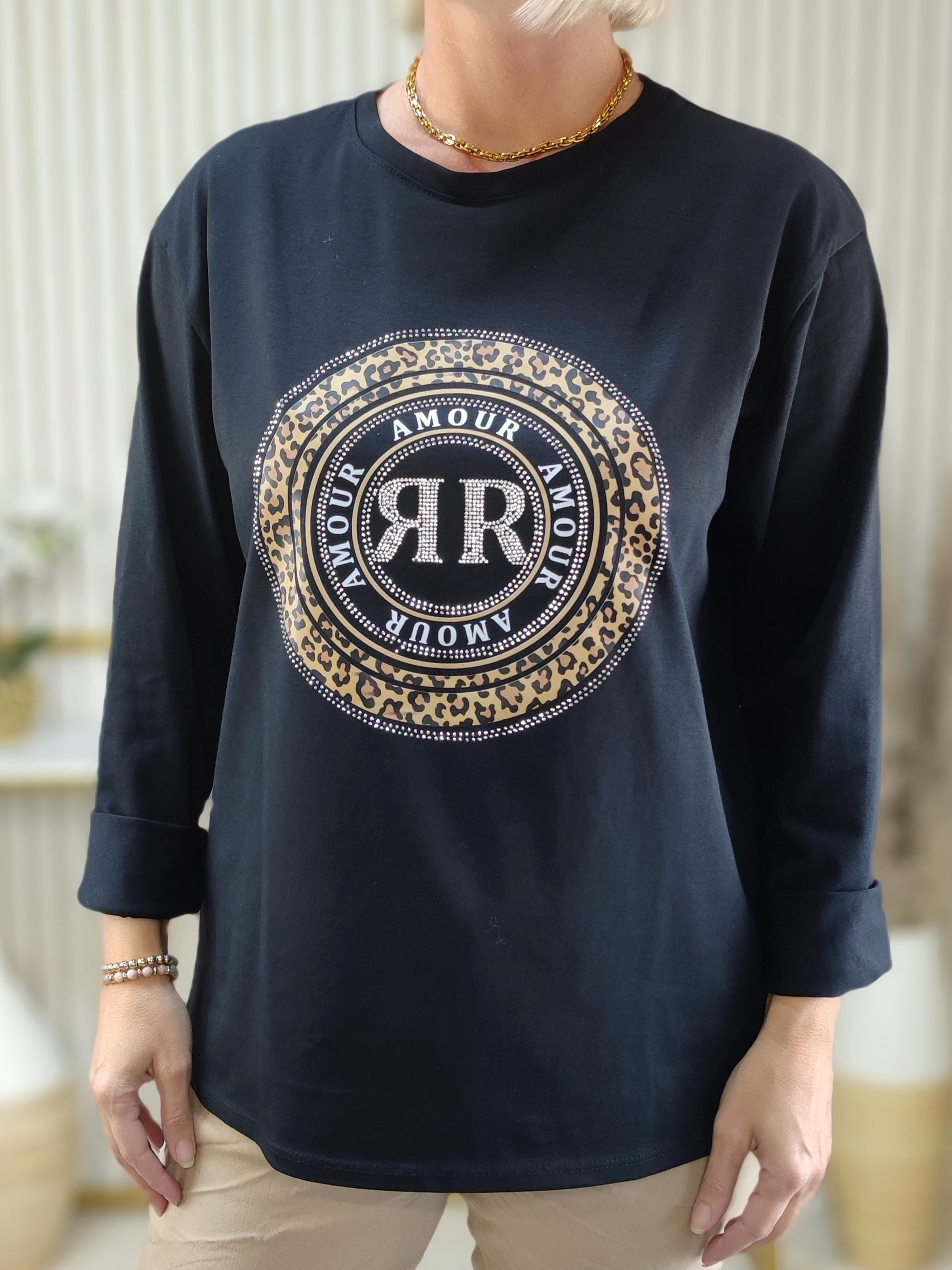 Langarmshirt "Amour" schwarz in 2 Größen (38-42, 44/46-48)