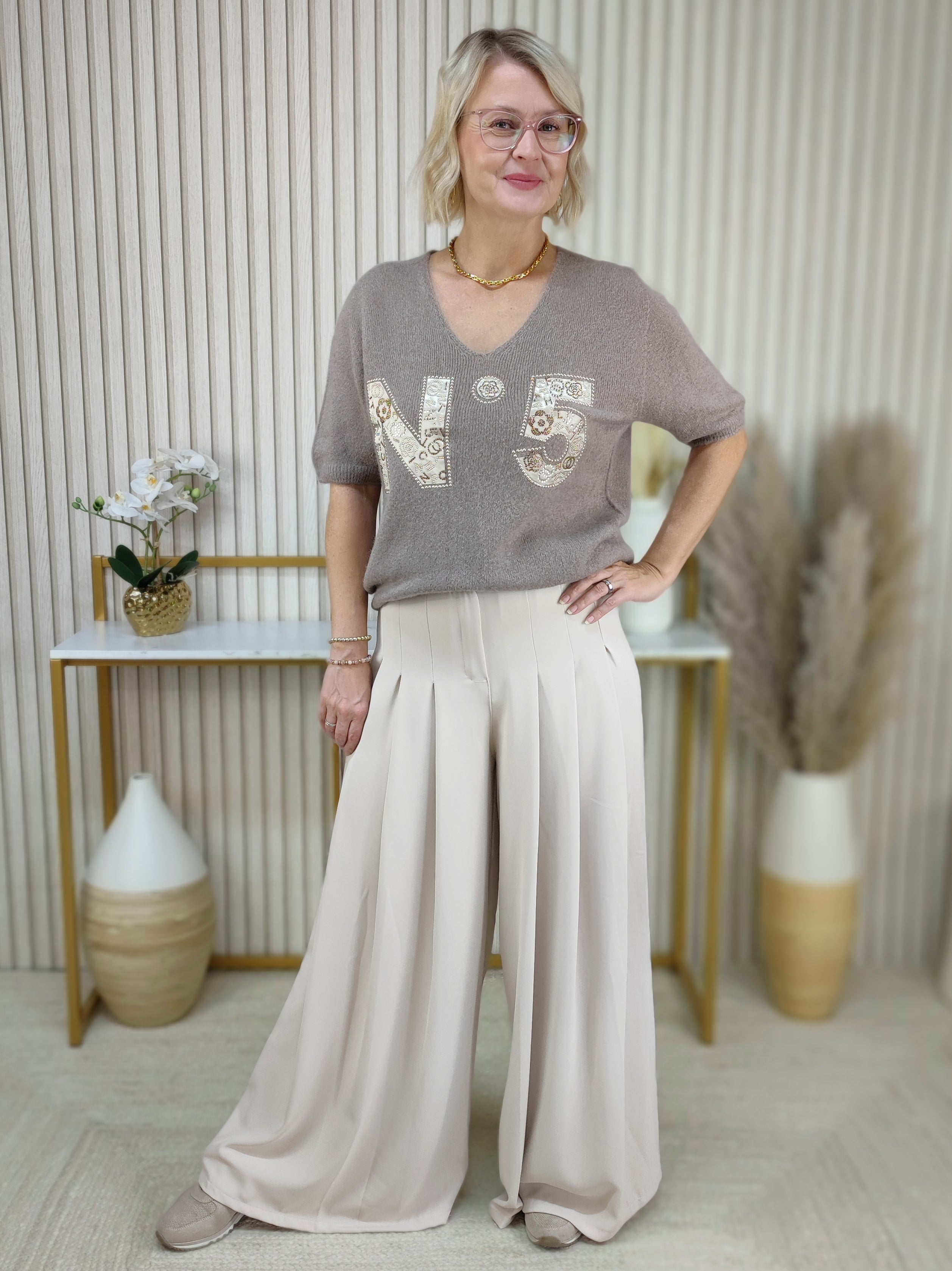Weich fliessende Palazzohose in uni beige (S, M, L, XL)