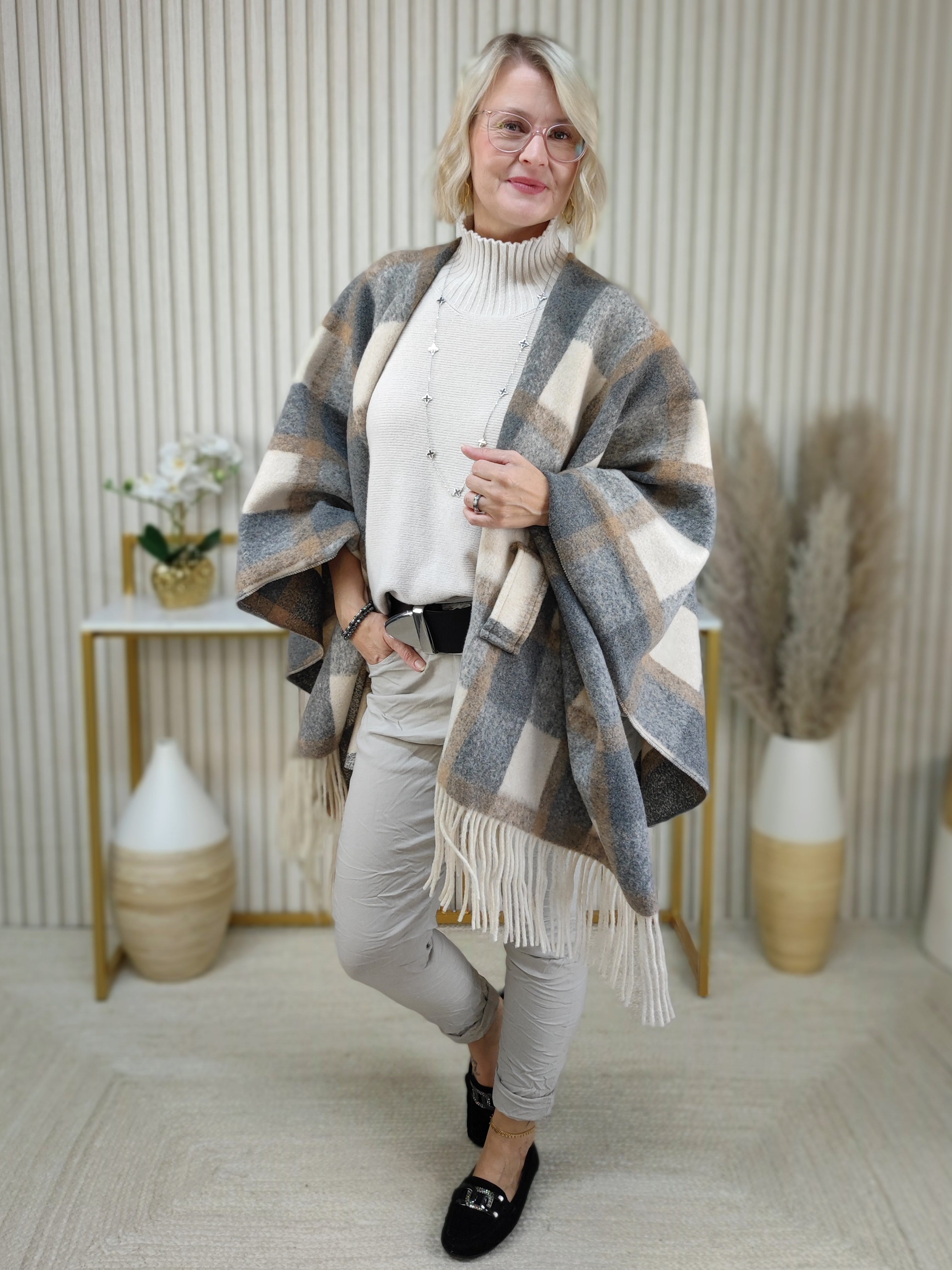 Poncho grau/beige (38-44)