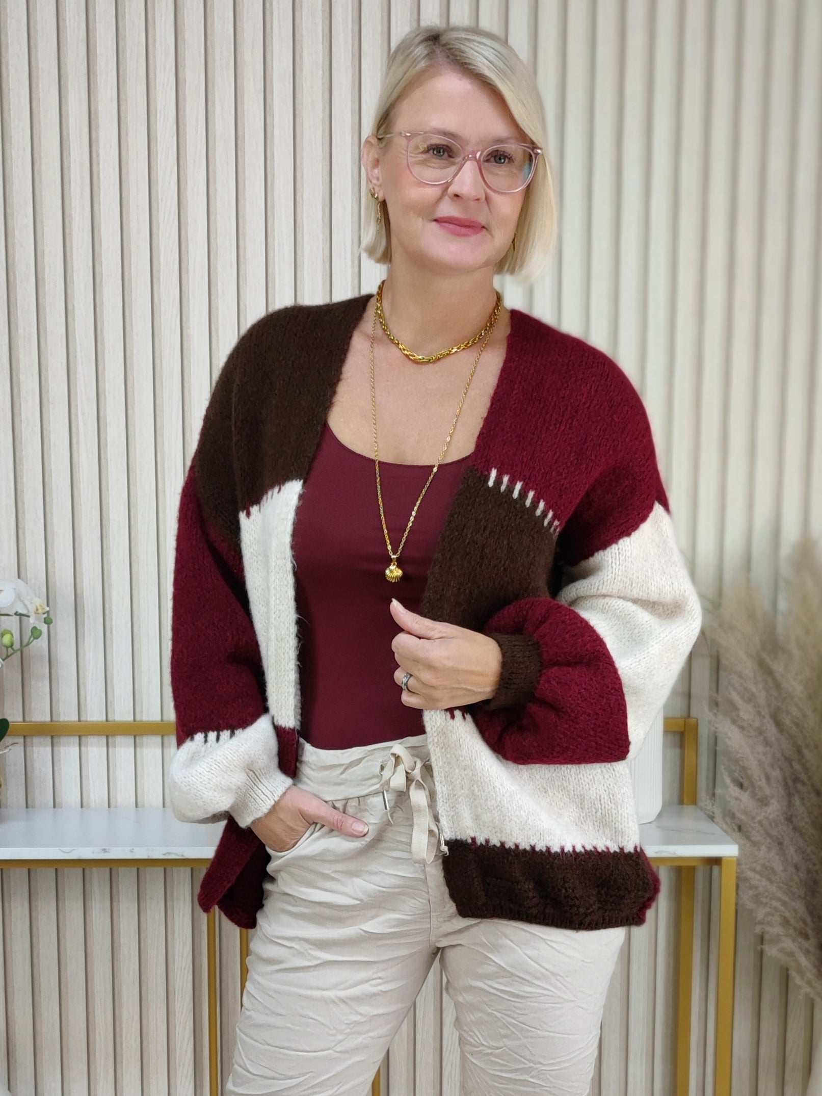 Kuschelige Strickjacke "Vanessa" beige/vino/schoko (36-42/44)