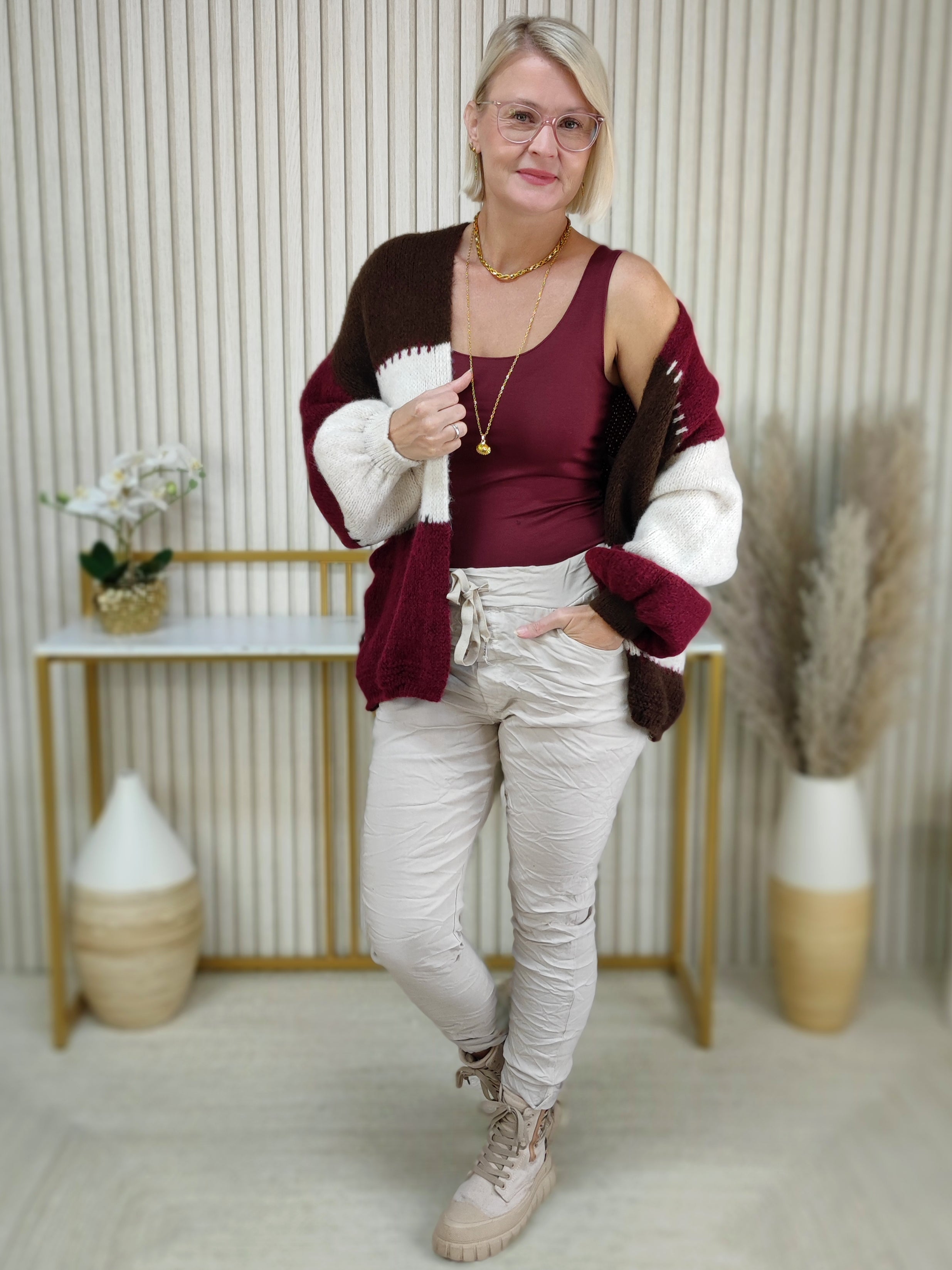 Kuschelige Strickjacke "Vanessa" beige/vino/schoko (36-42/44)
