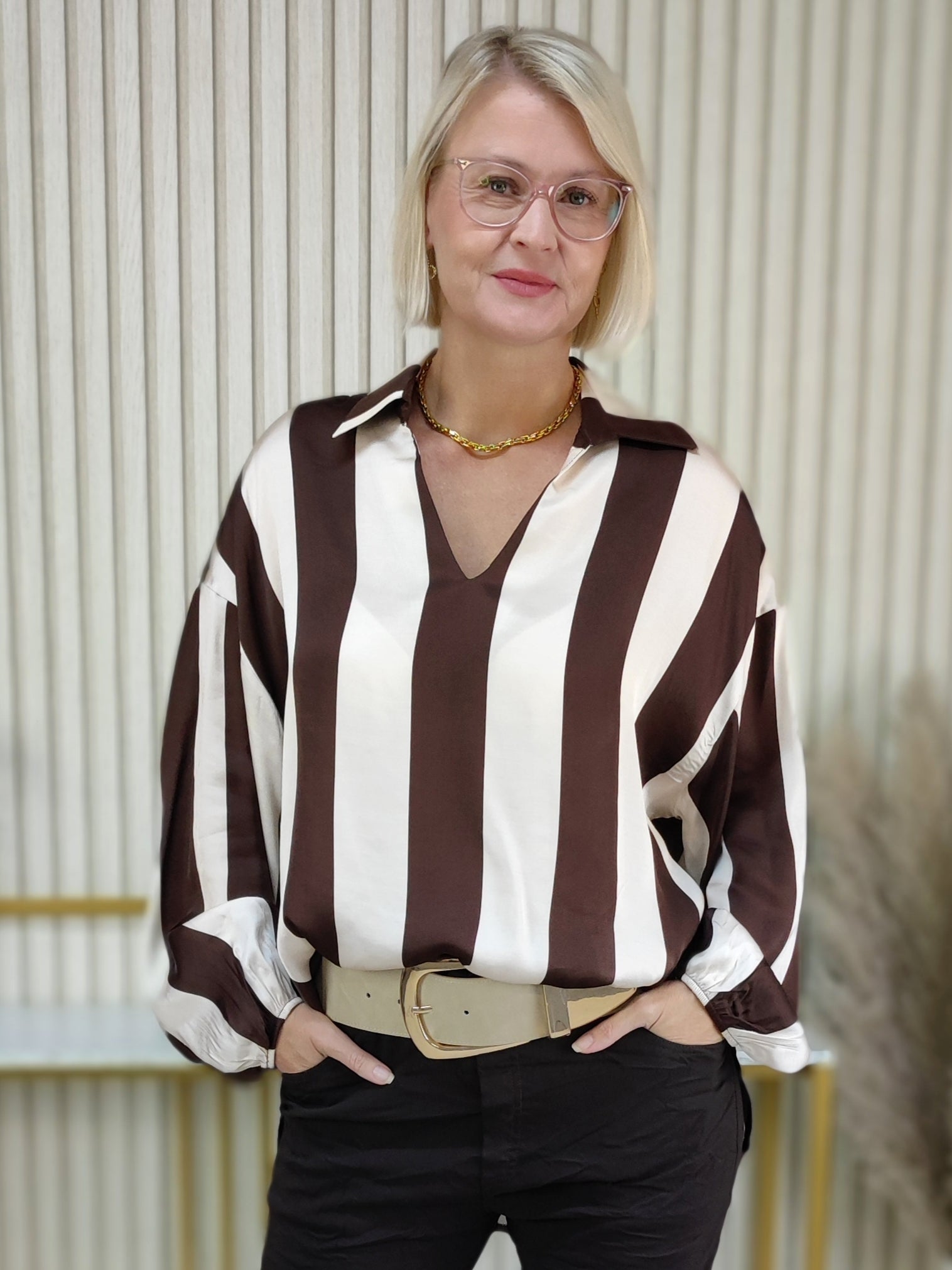 Gestreifte Bluse "Fiona" schoko/beige (36-44)