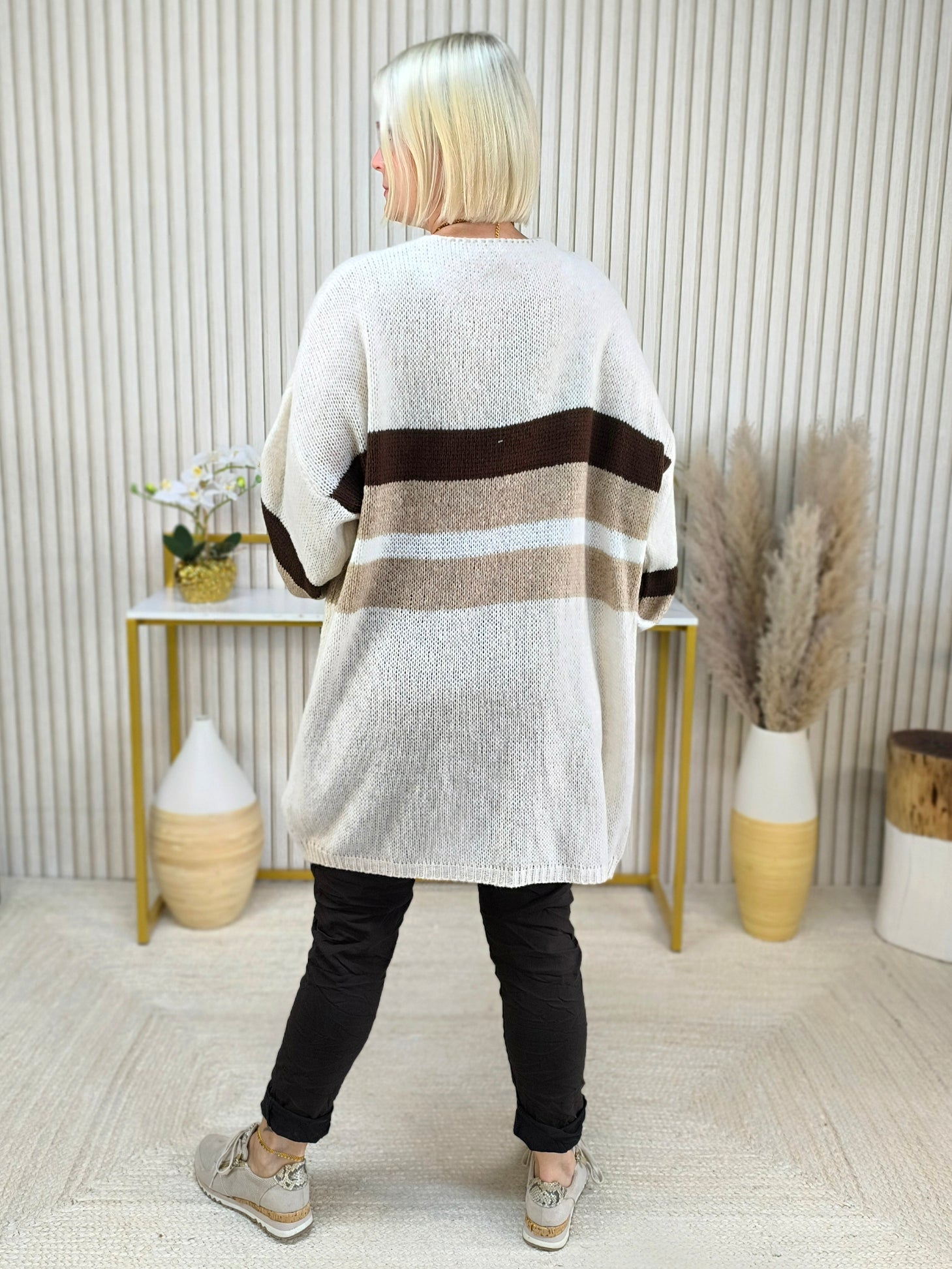 Kuschliger Grobstrick Cardigan mit Streifen schoko/camel/beige (36-44)