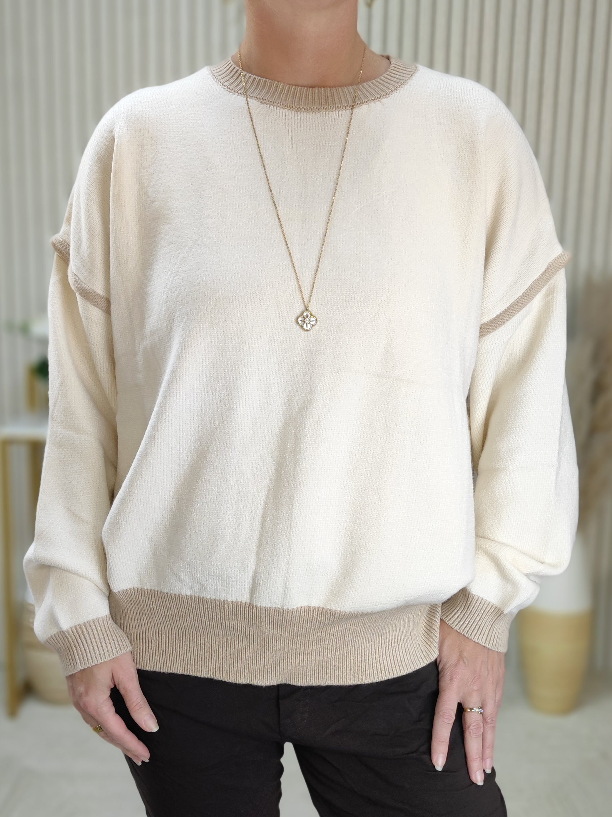 Feinstrick Pullover in creme/camel (38-44)