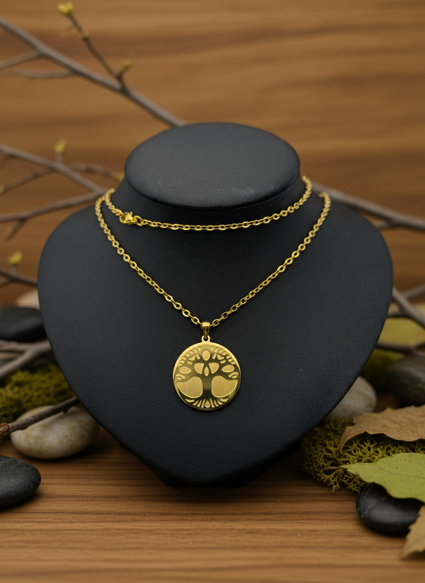 Lange Kette "Tree of Life" Edelstahl goldfarben