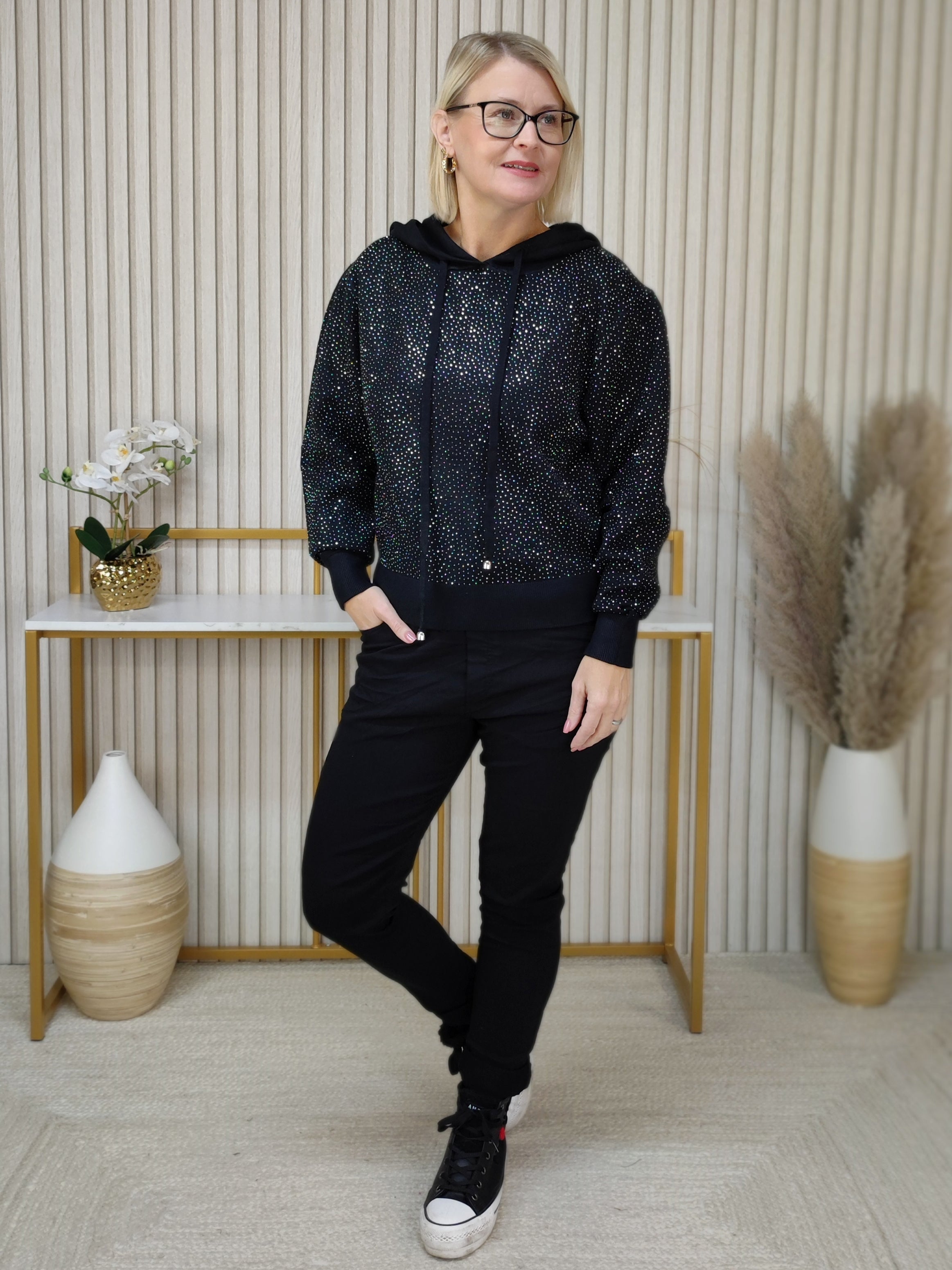 Strick Hoodie mit Strass in schwarz (36-40)