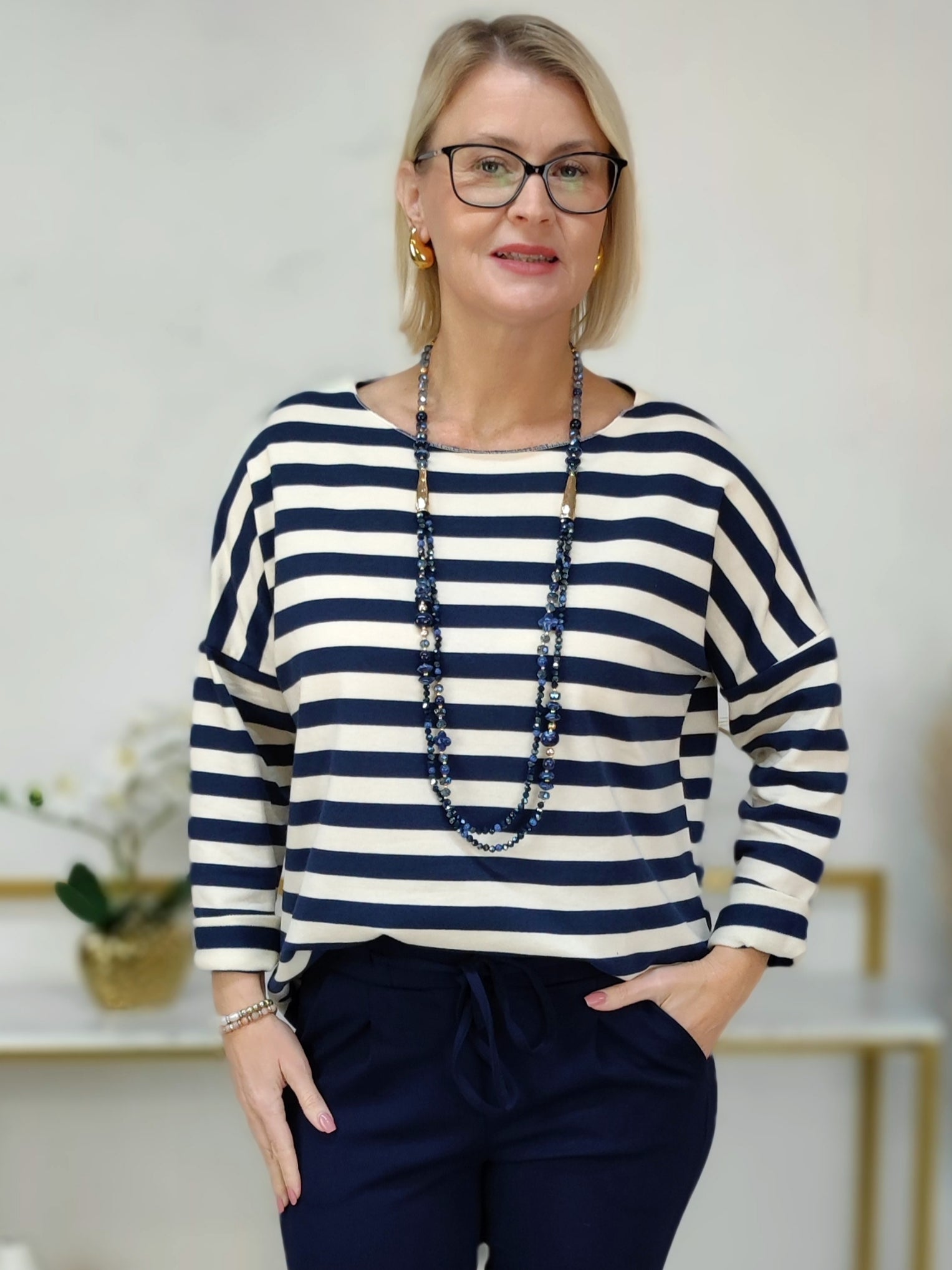 Lange Perlenkette blau/gold