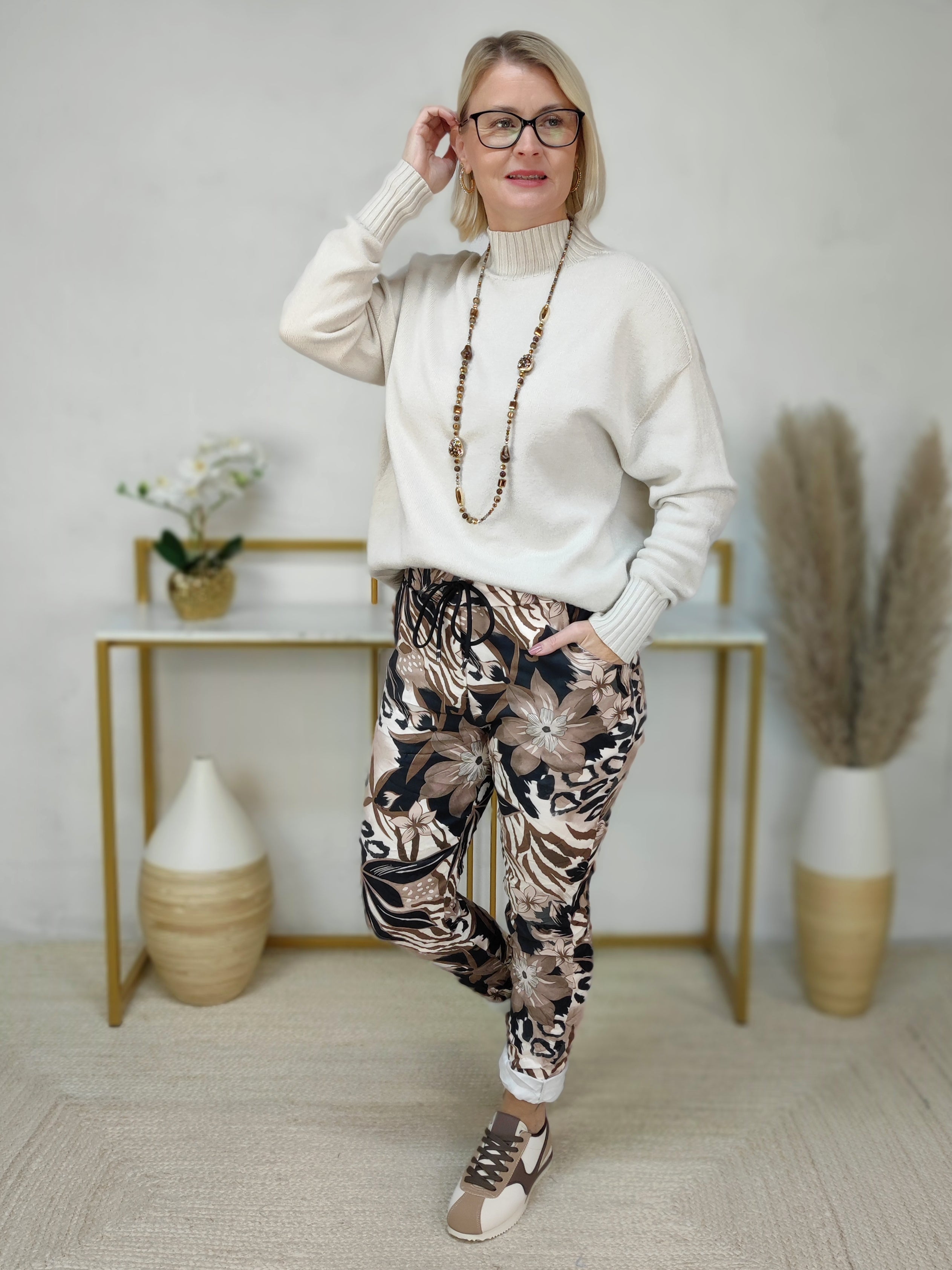 Gemusterte Hose/Joggpant beige/braun (38-42)