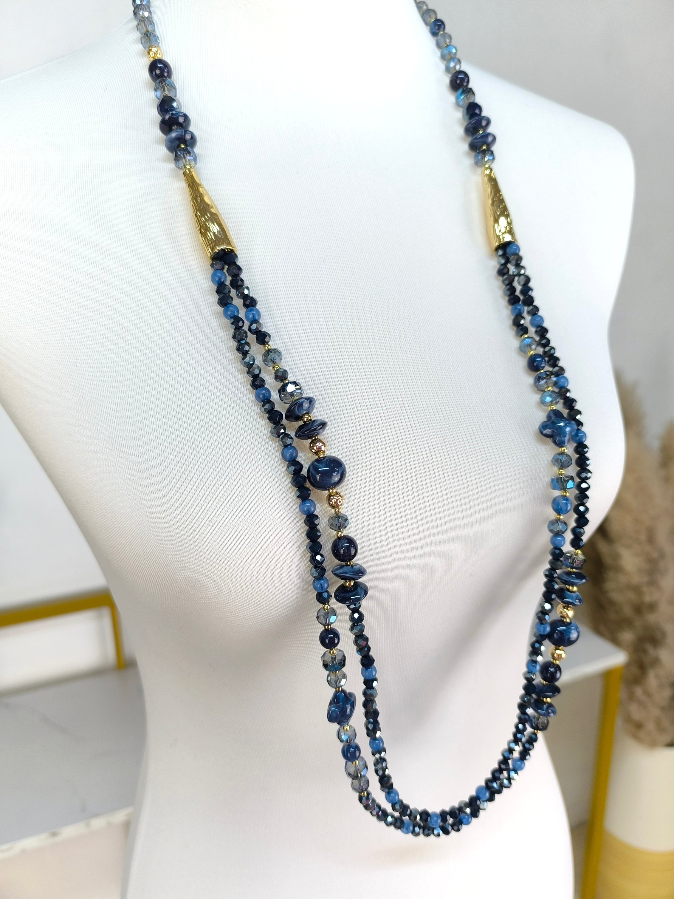 Lange Perlenkette blau/gold