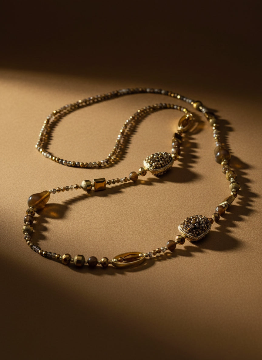 Lange Perlenkette coffee/gold