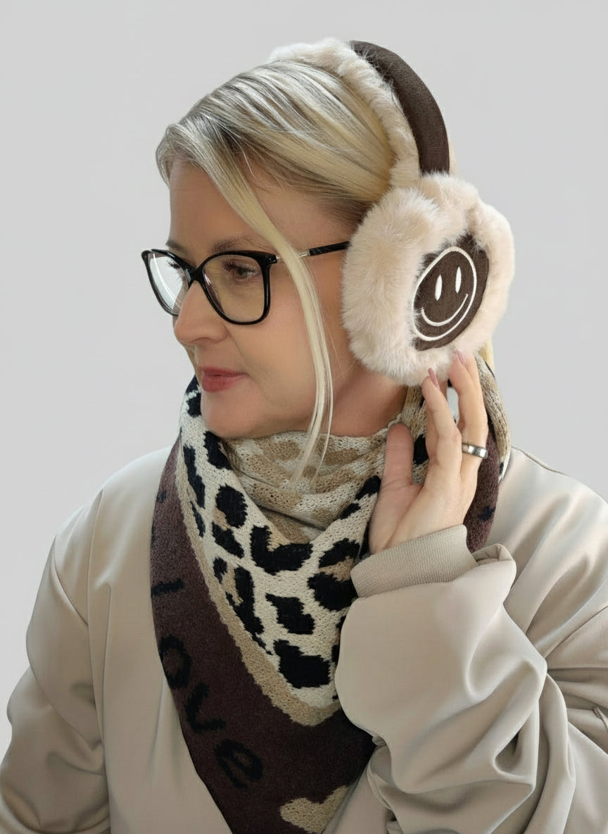 Weiche Ohrenschützer mit Smiley Muster in schoko und schwarz