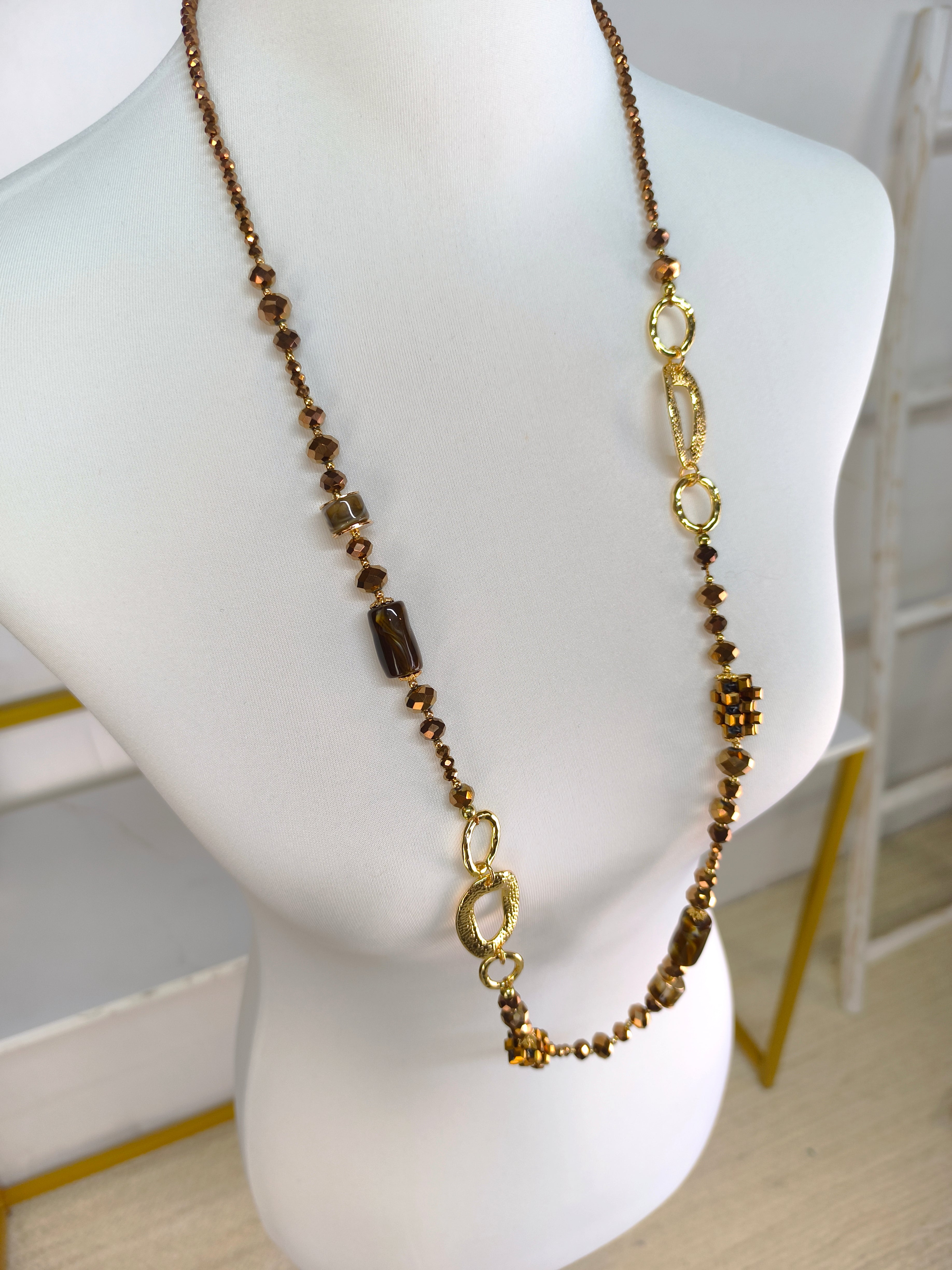 Lange Perlenkette braun/kupfer/gold