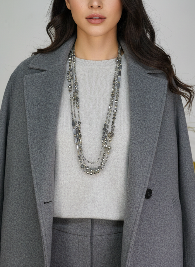 Lange Perlenkette 3 reihig grau/silber