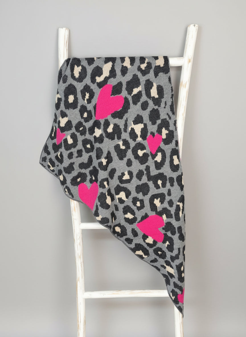 Wollschal/Dreieckschal "Heart" grau/pink