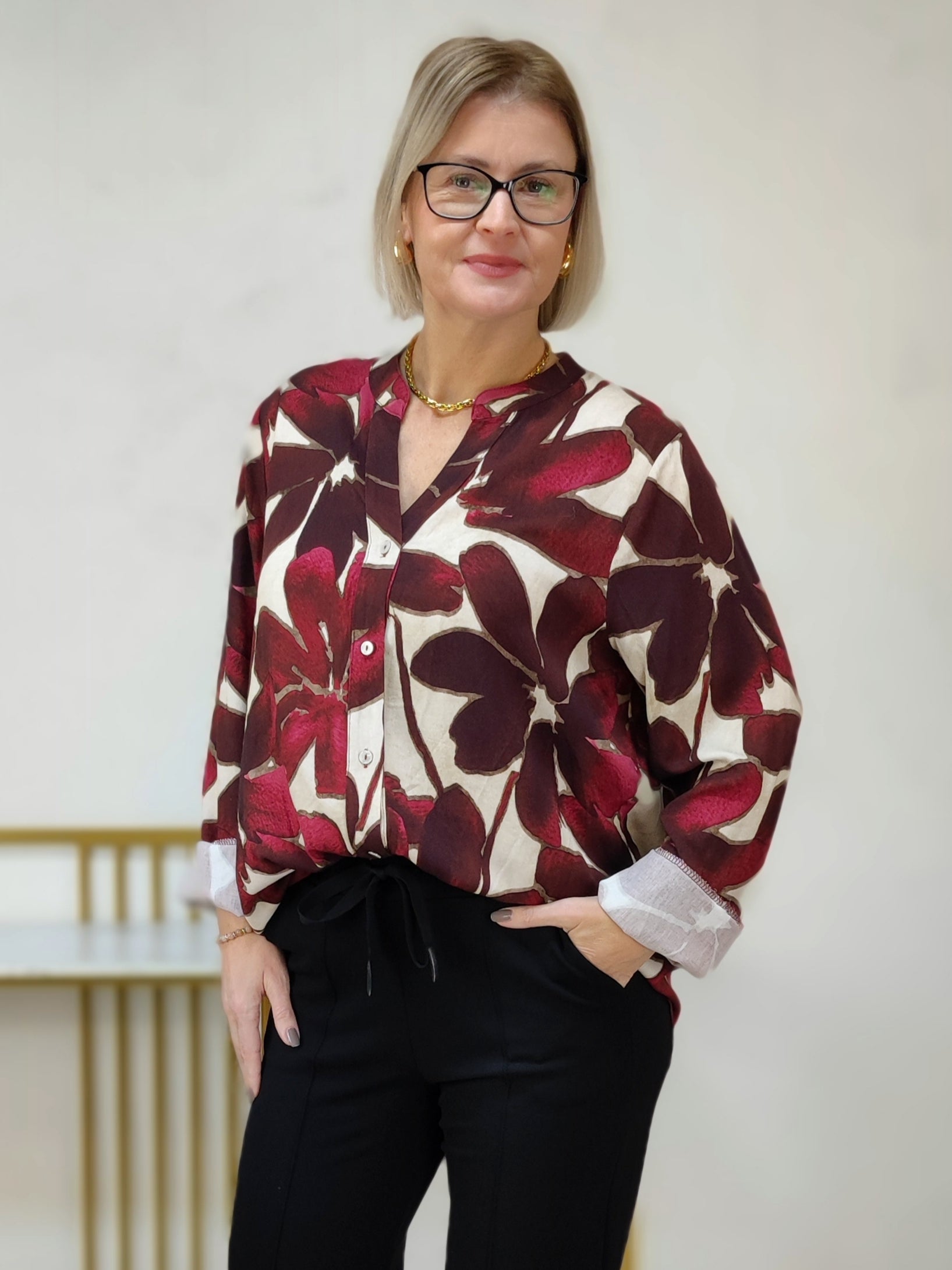 Gemusterte Bluse in vino/beige (40-44)