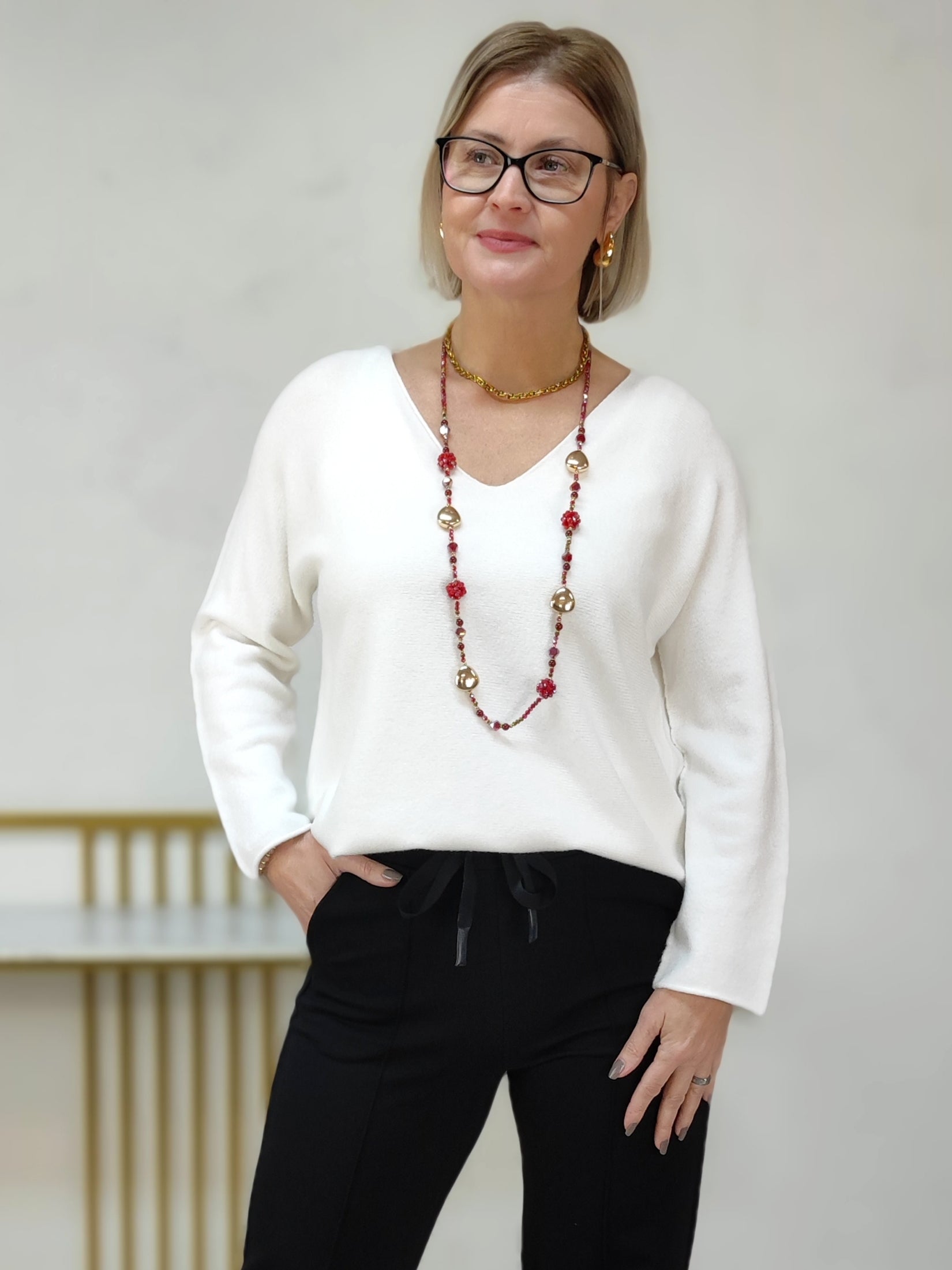 Feinstrick Pullover unifarben weiss in 2 Größen (36-40, 42-46)