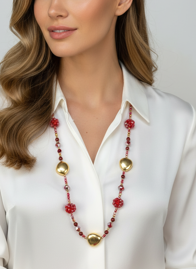 Lange Perlenkette rot/gold