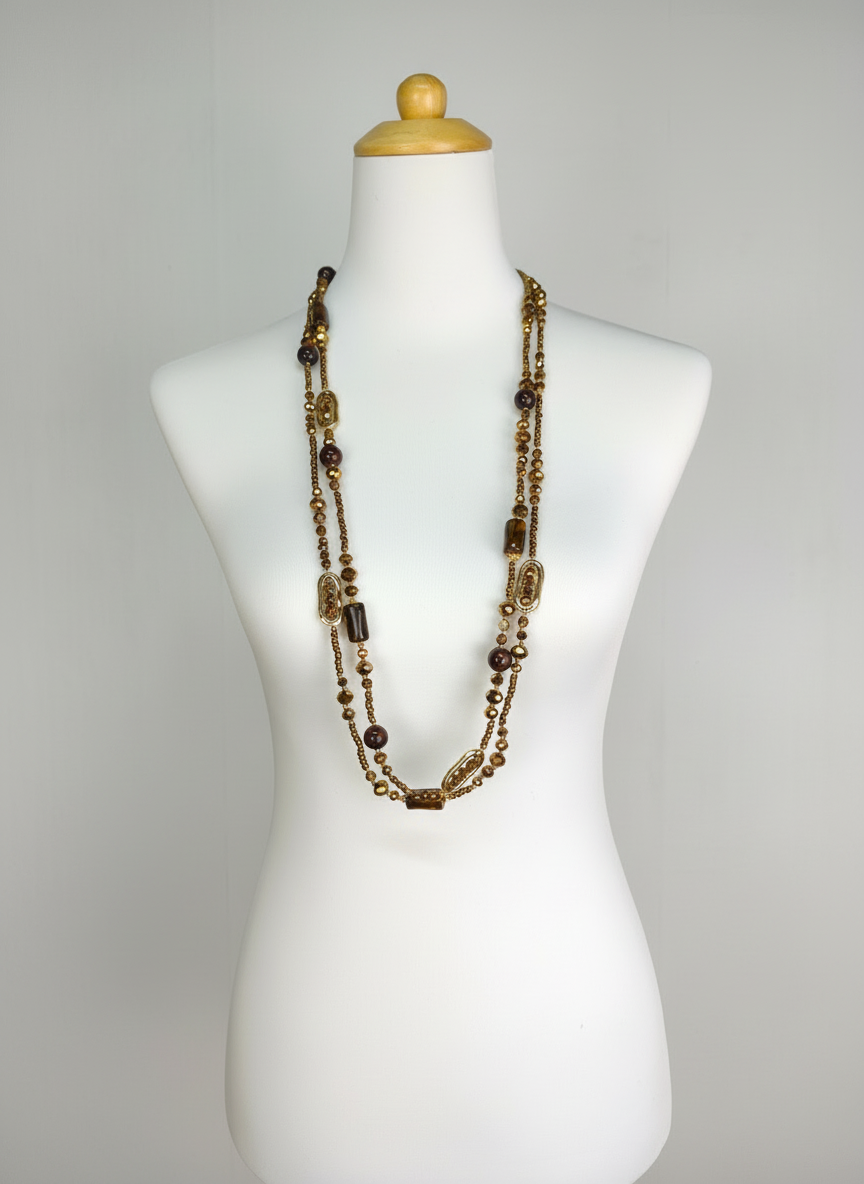 Lange Modeschmuck Perlenkette 2-reihig braun/kupfer/gold