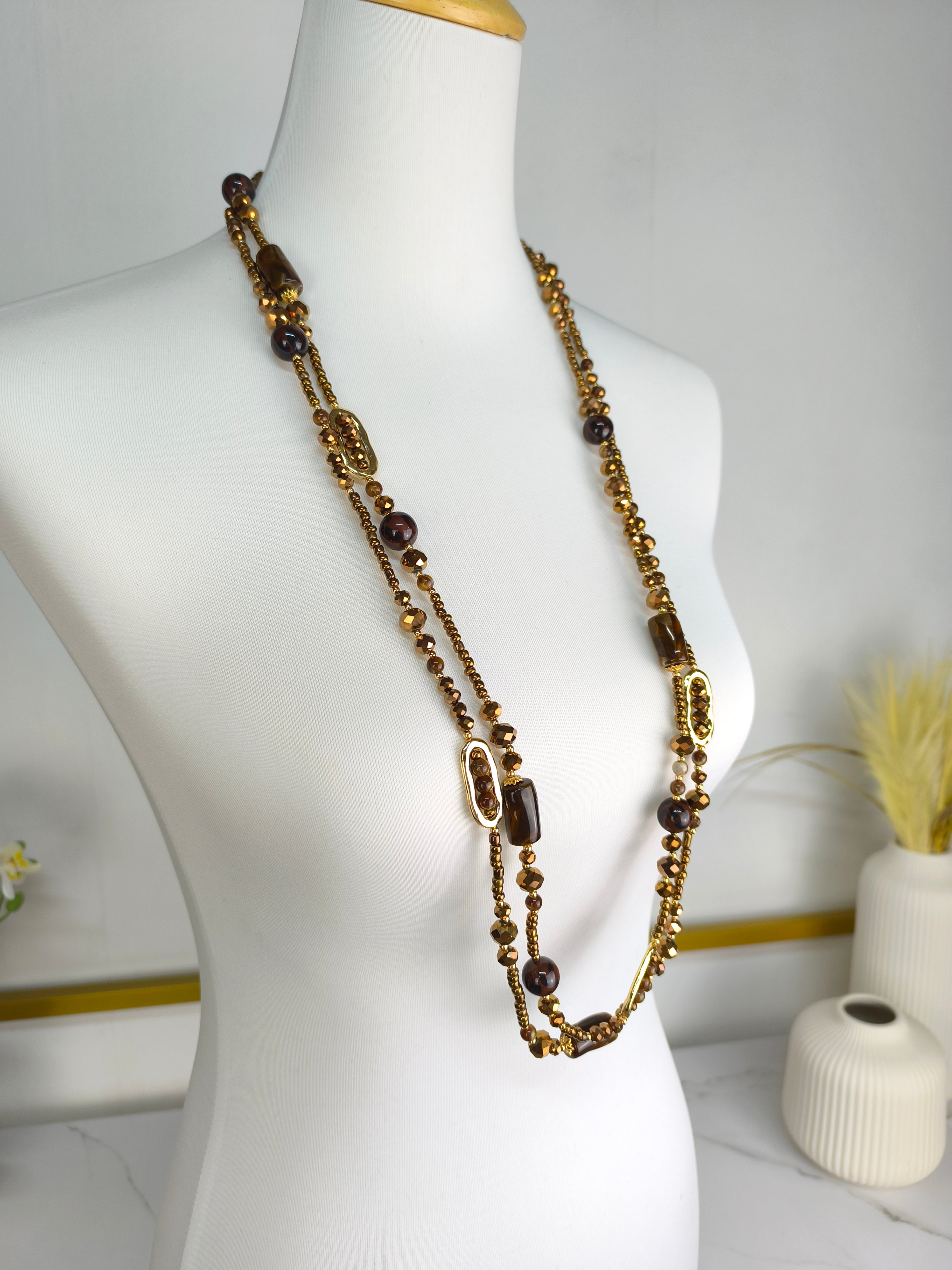 Lange Modeschmuck Perlenkette 2-reihig braun/kupfer/gold