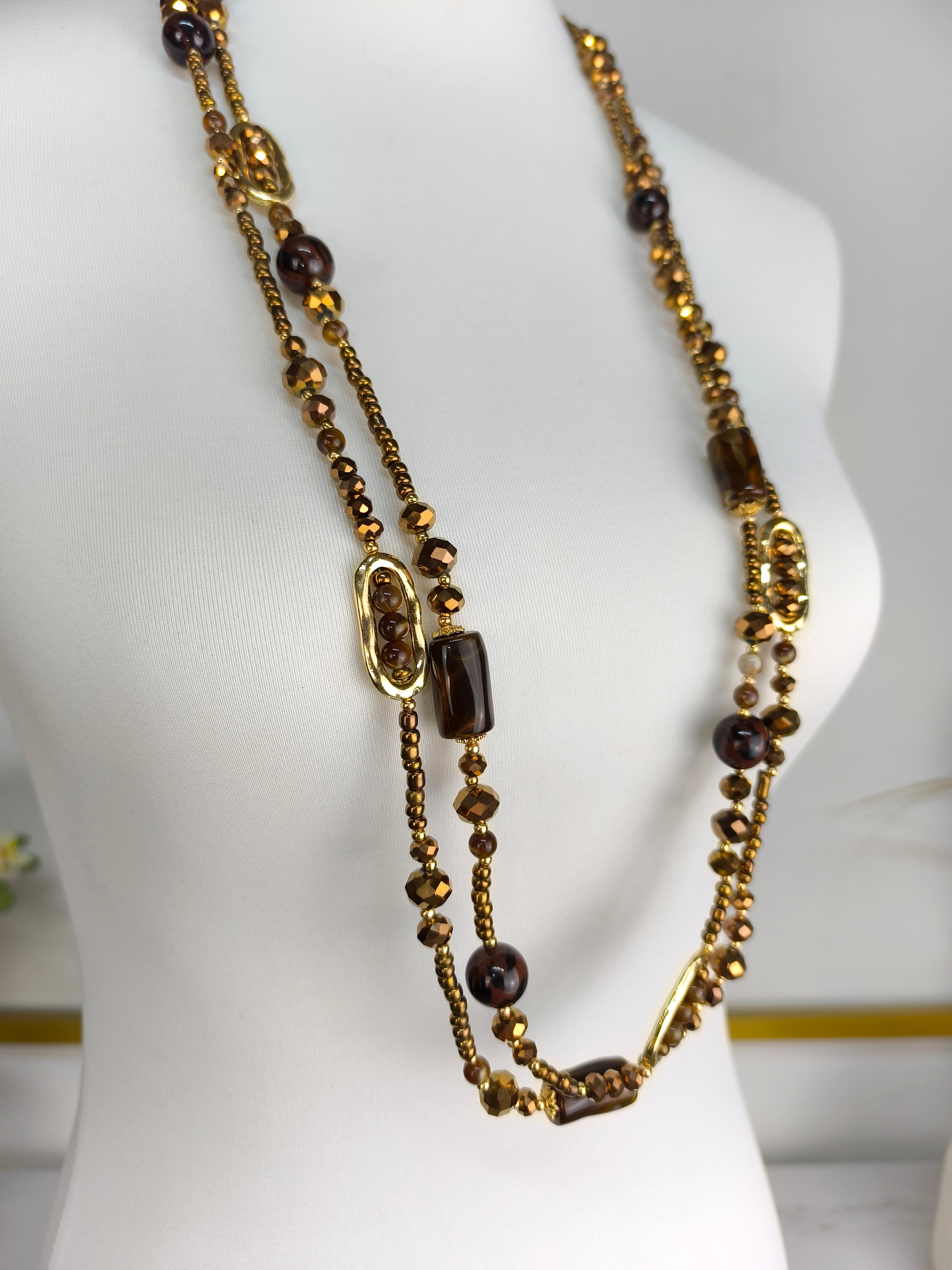 Lange Modeschmuck Perlenkette 2-reihig braun/kupfer/gold