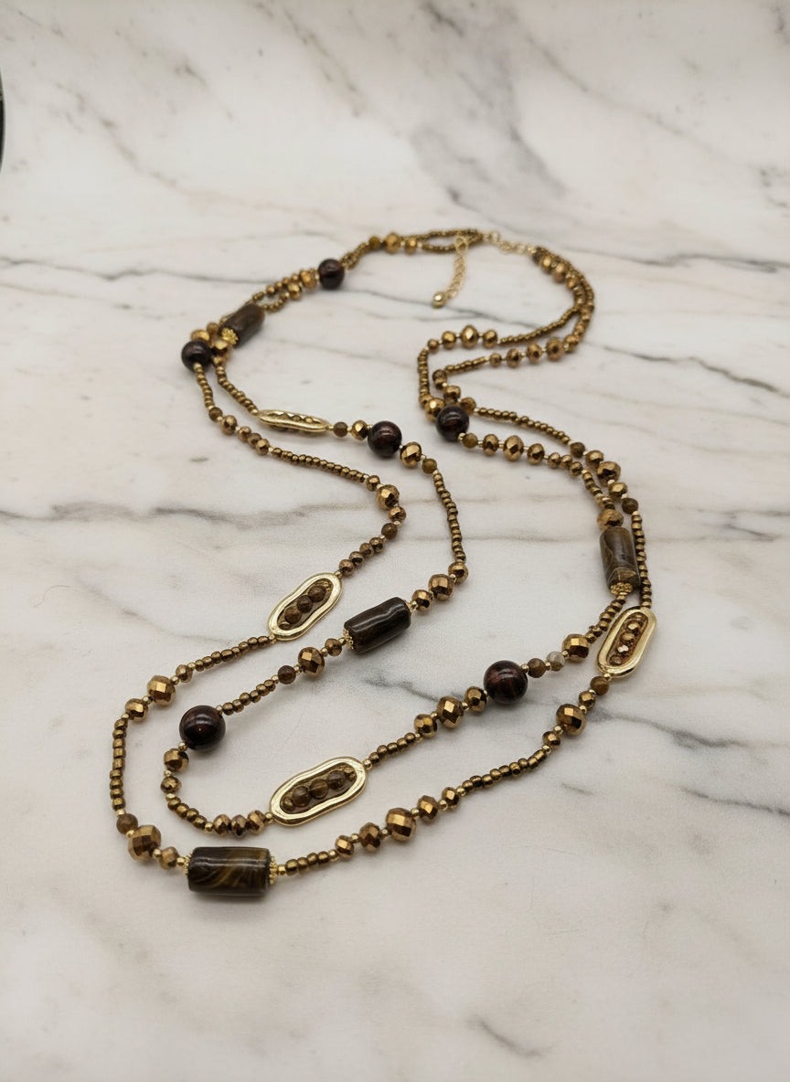 Lange Modeschmuck Perlenkette 2-reihig braun/kupfer/gold