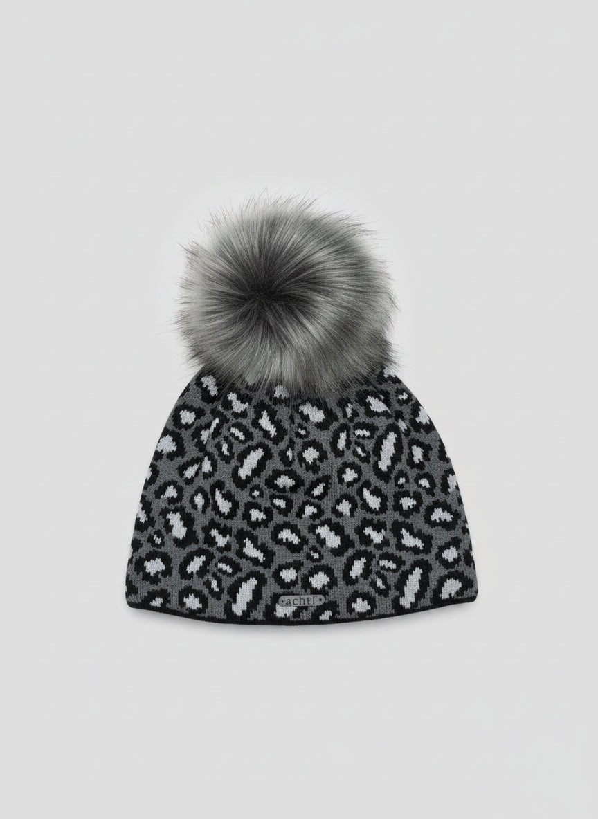 Wintermütze mit Bommel im Leo Design grau/schwarz