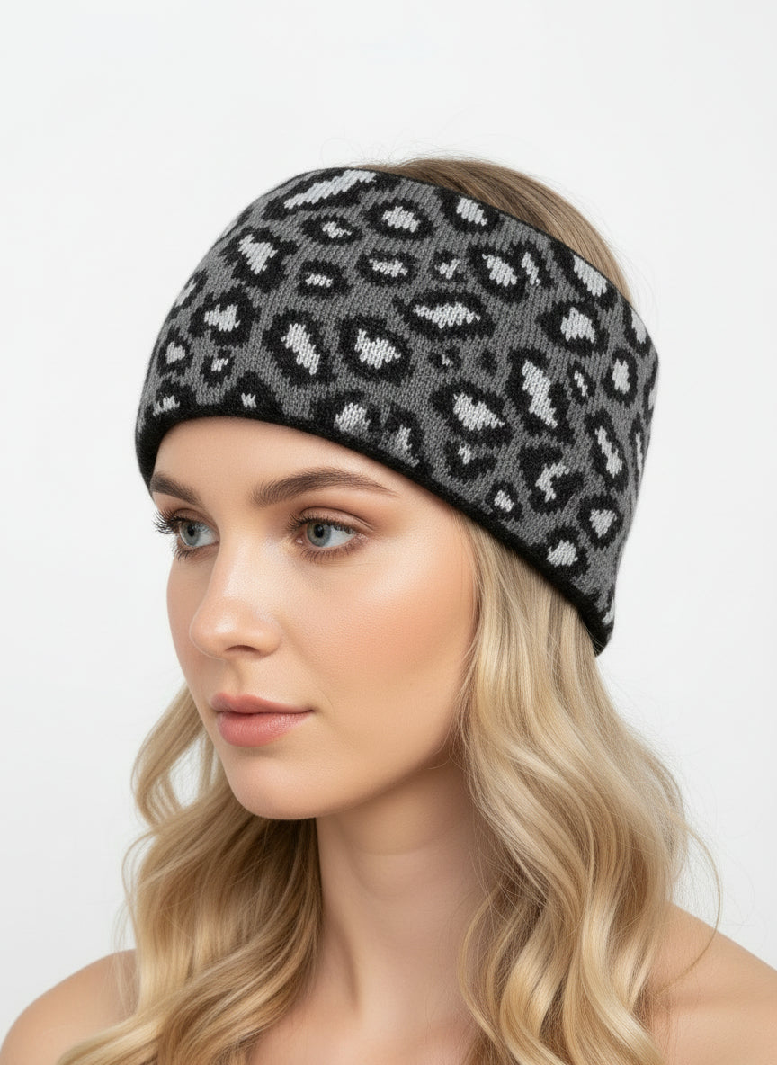 Warmes Stirnband im Leo Design grau/schwarz
