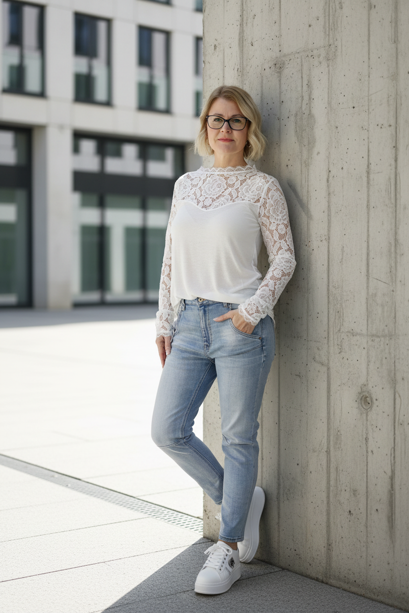 Langarm Shirt mit Spitze weiss (36-42)