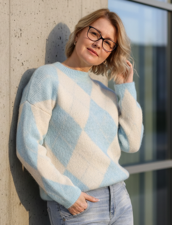 Pullover "Raute" hellblau/beige meliert (36-42)