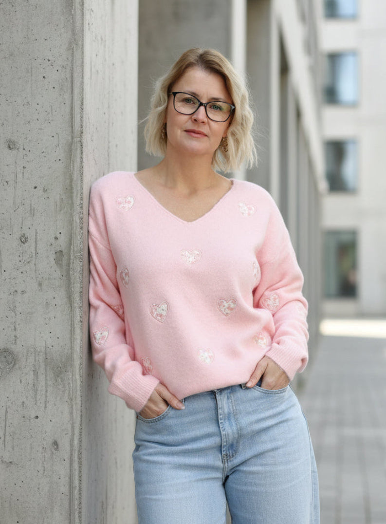 Pulli mit Stickereien in pastell - rosa (36-42)