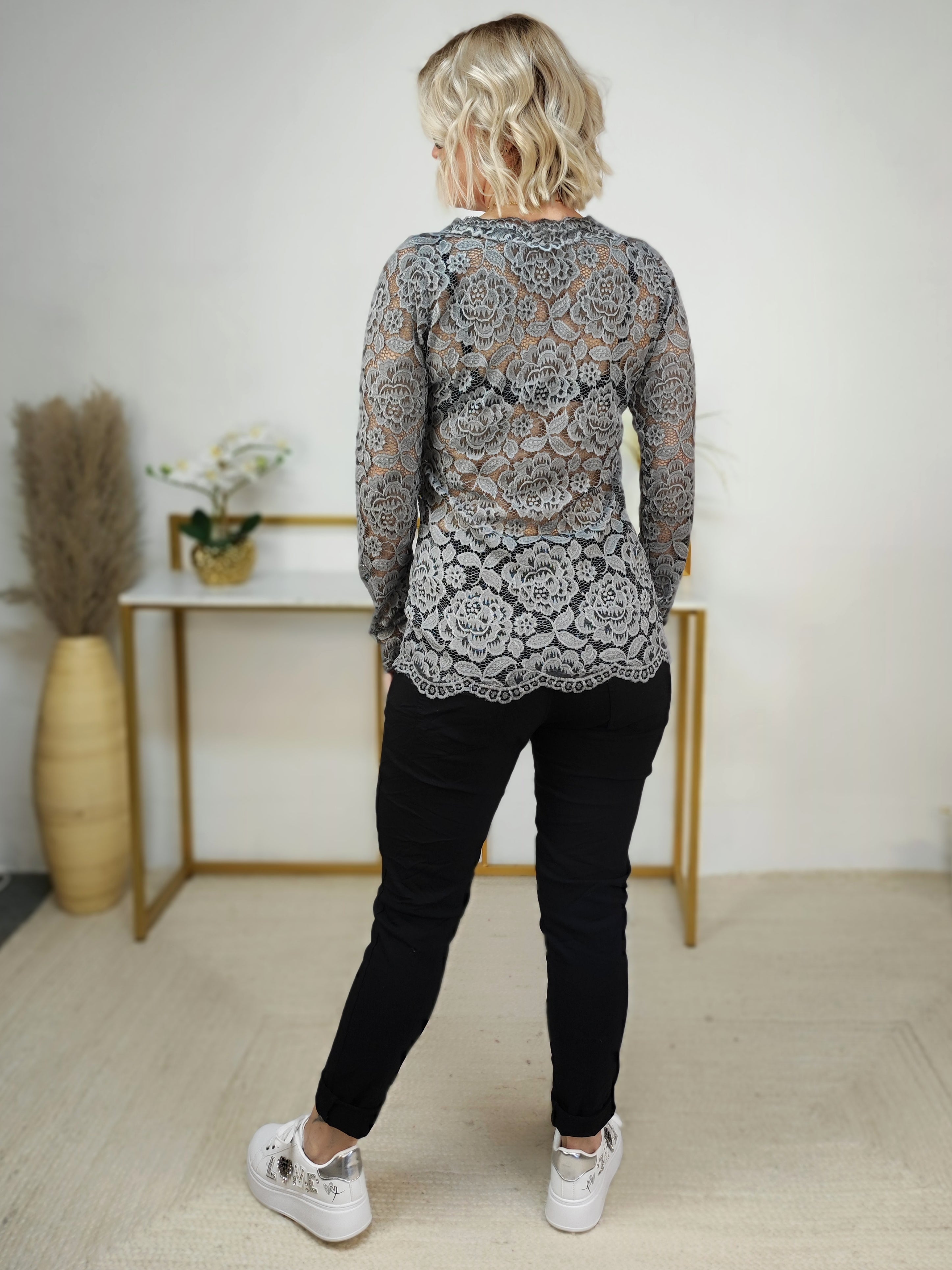 Langarm Spitzen Shirt in anthrazit grau (One Size bis 42)