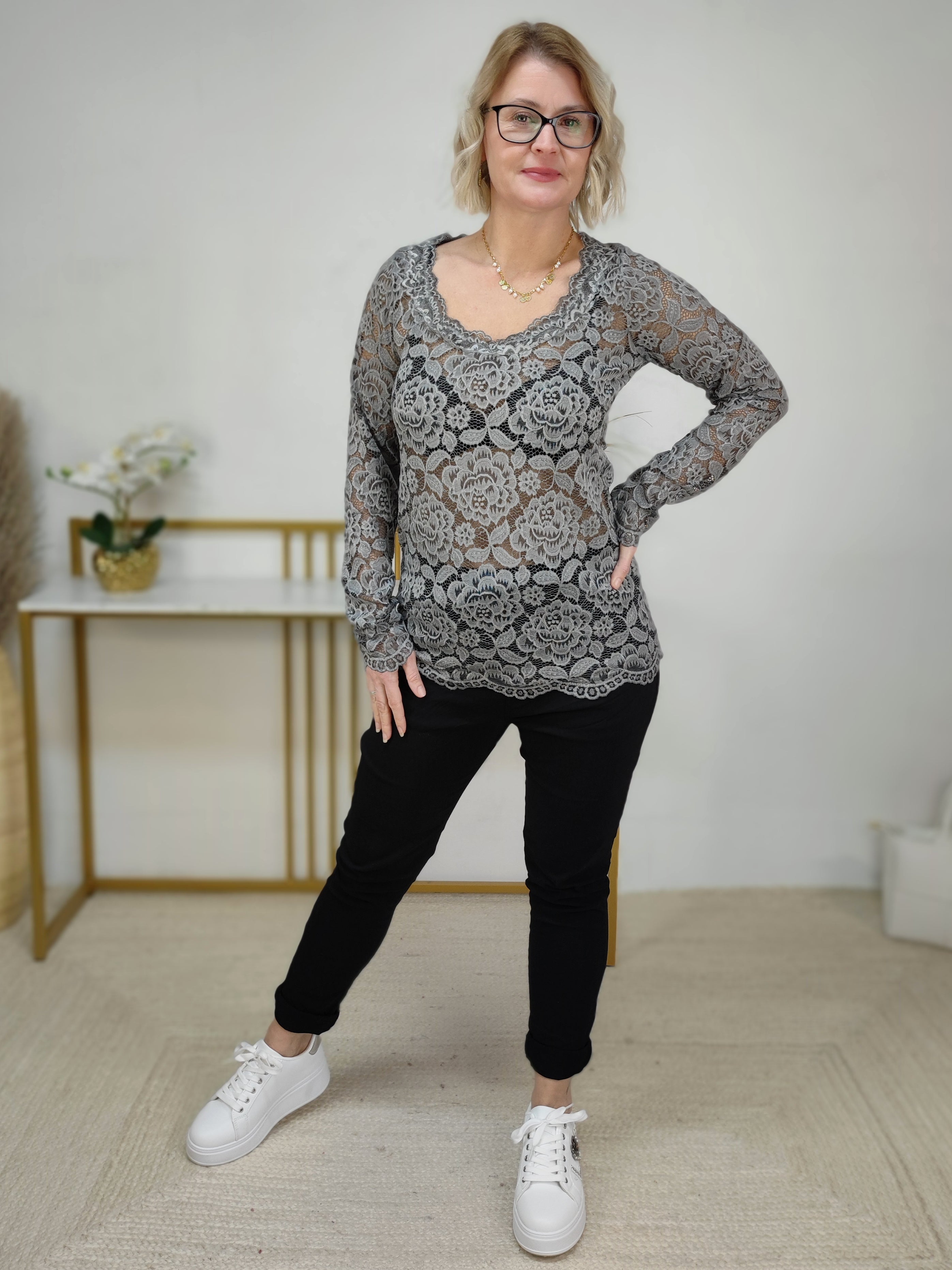 Langarm Spitzen Shirt in anthrazit grau (One Size bis 42)