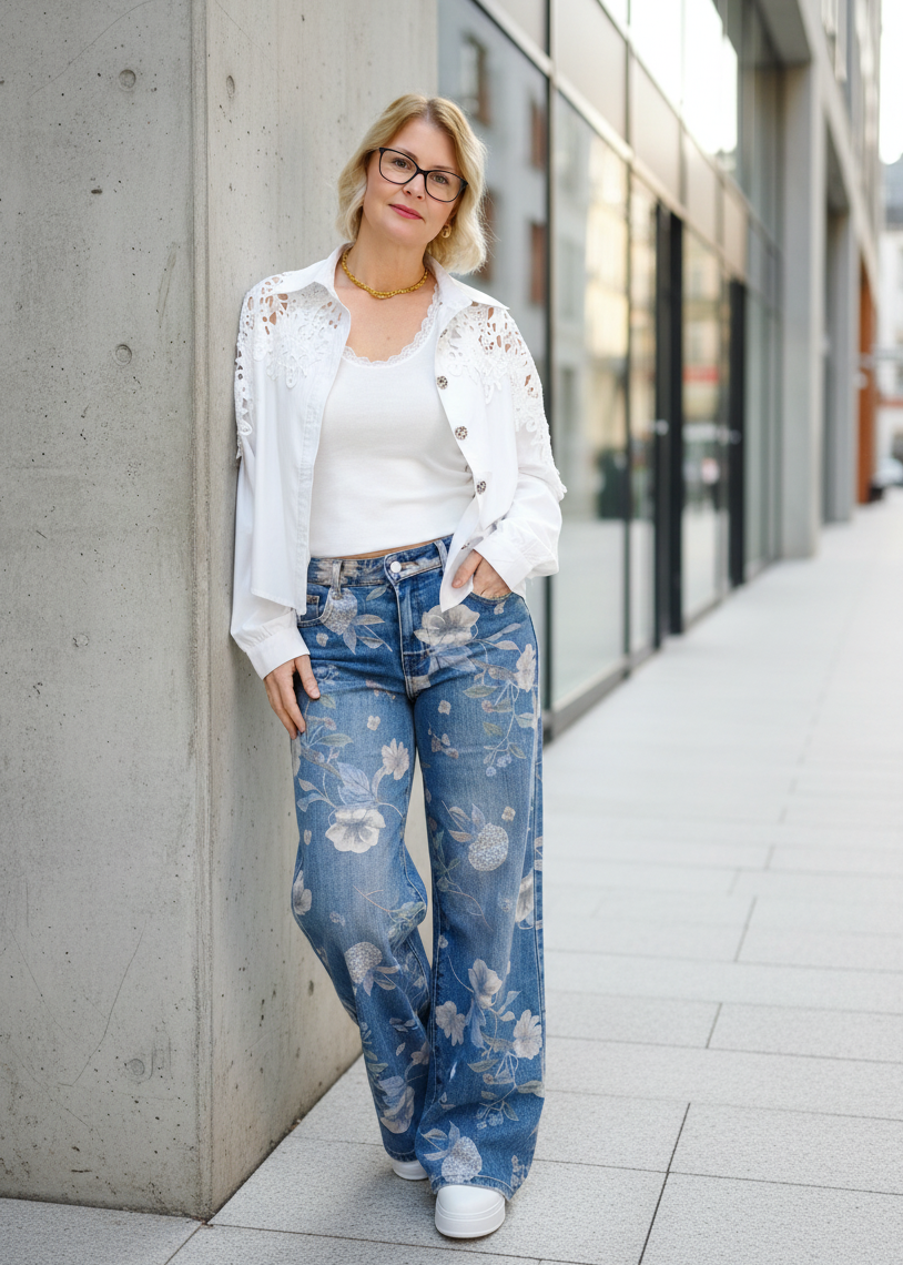 Weisse Baumwoll - Bluse mit Spitze (bis Grösse 42)