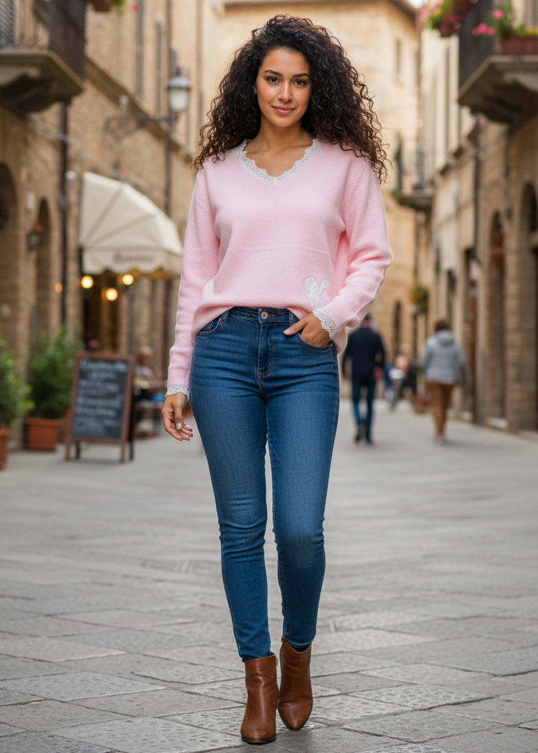 Leichter Pulli mit Spitze rosa (bis Größe 42)