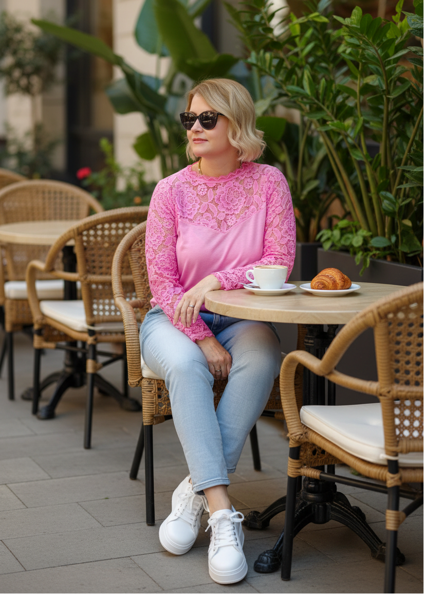 Langarm Shirt mit Spitze pink (36-42)