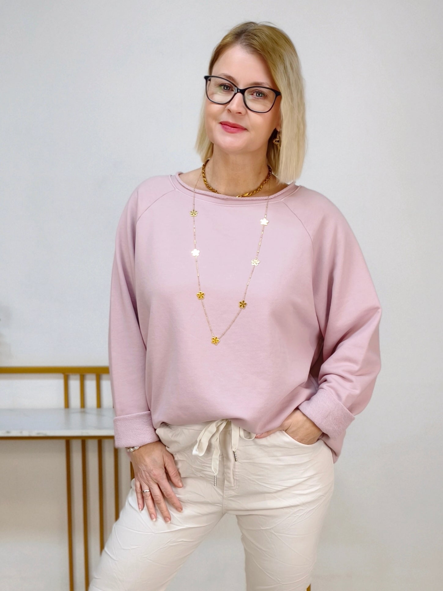 Einfarbiges Sweatshirt aus Baumwolle altrosa (40-44)