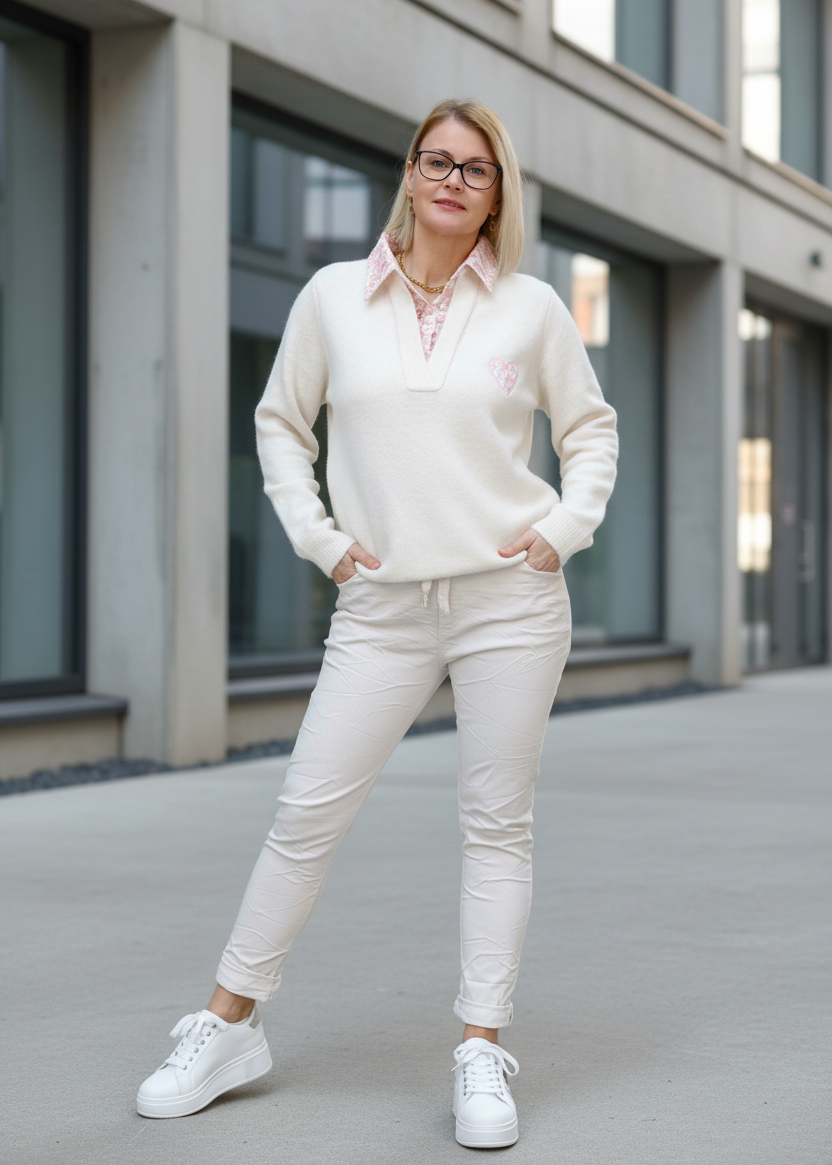 Pulllover hellbeige mit Blusenkragen und Stickerei in rosa (36-42)