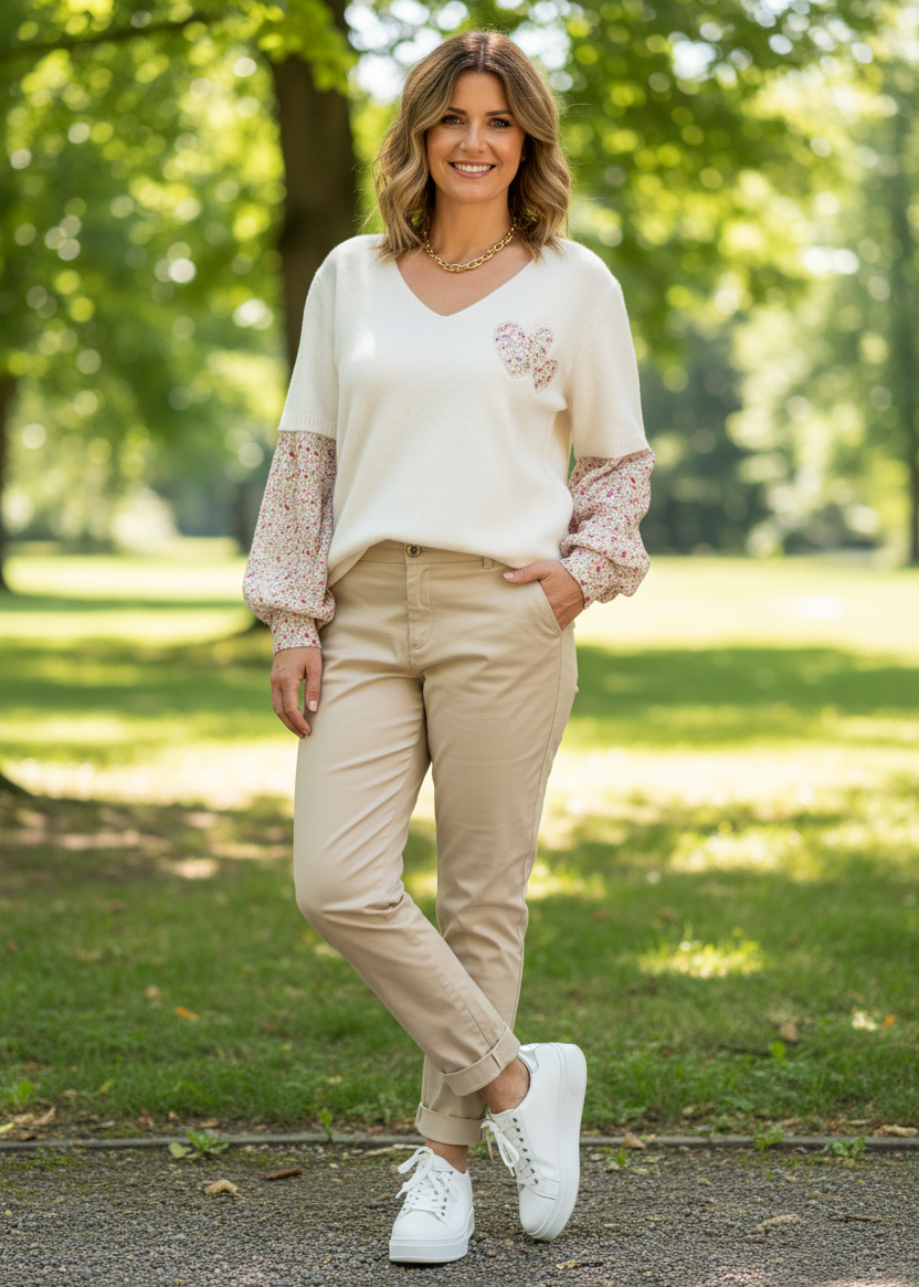 Pulli mit integrierten Blusenärmeln in hellbeige (36-42)