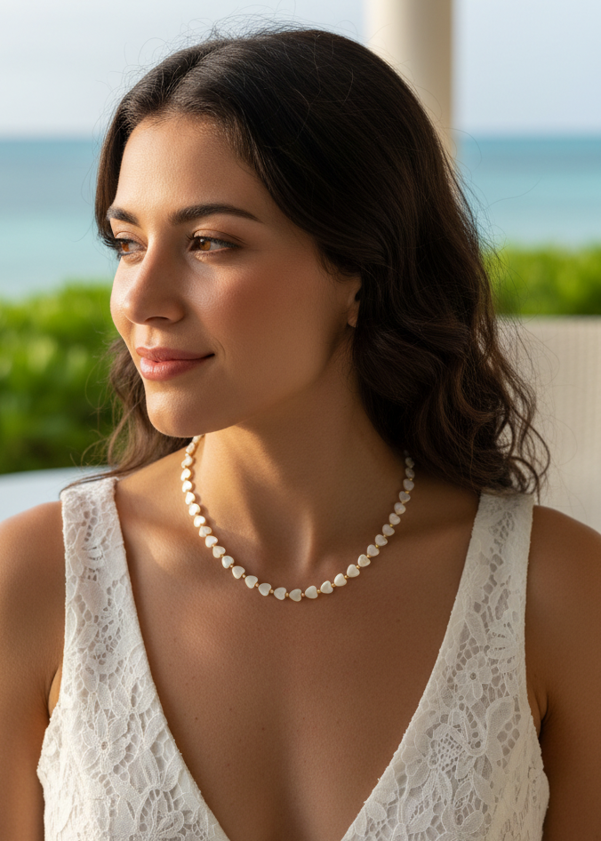 Perlmuttkette mit Herzen und goldenen Elementen