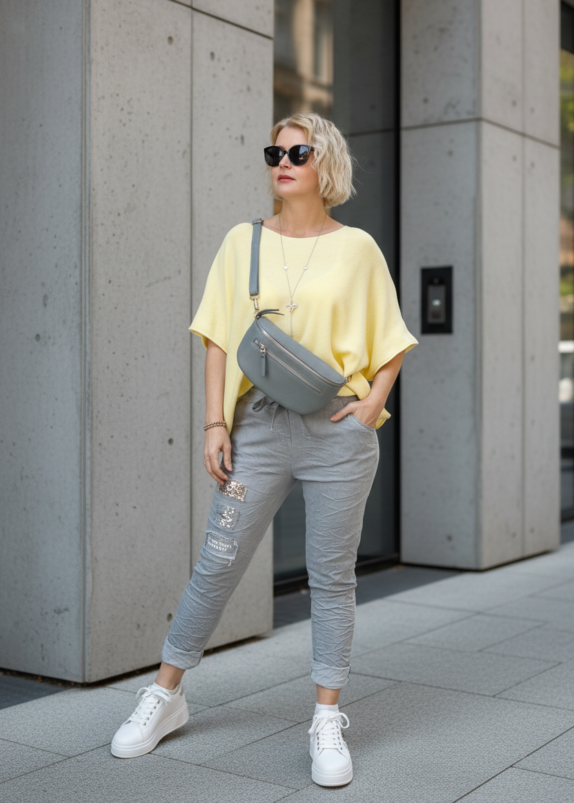 Stretchhose/Joggpant steingrau mit Applikationen (36-42)