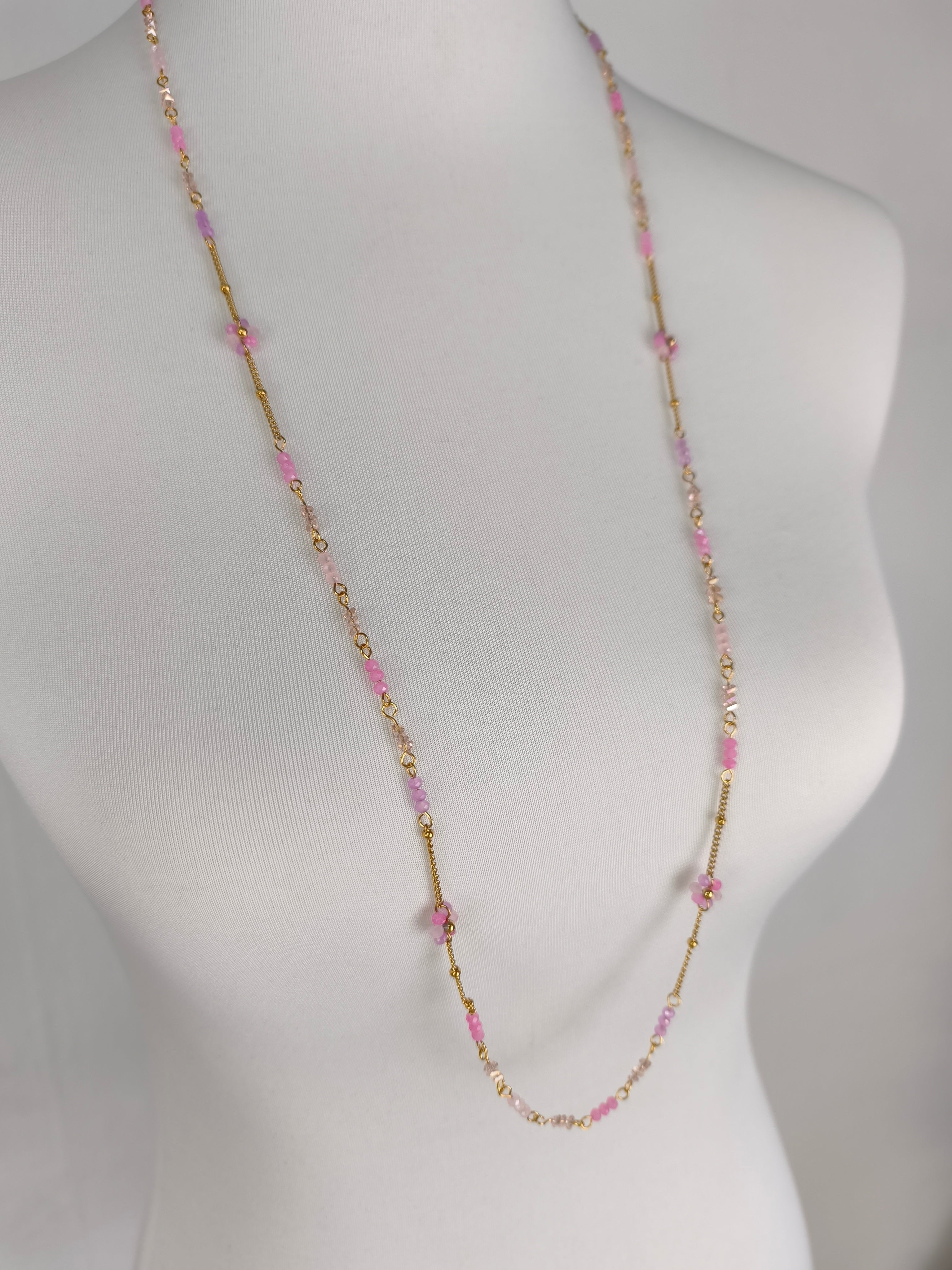 Feine lange Edelstahlkette mit kleinen Perlchen rosa/gold