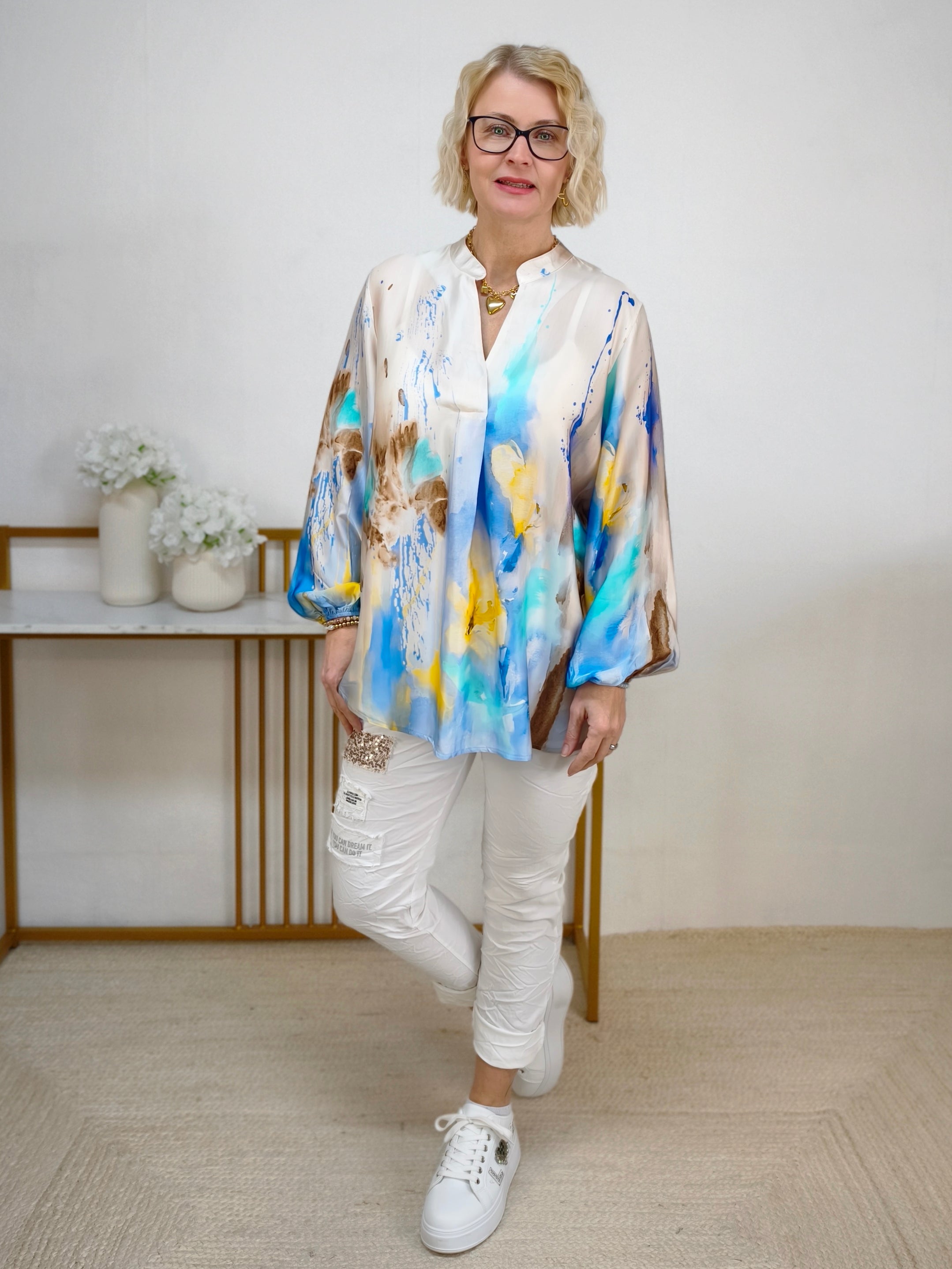 Bluse "Picasso" blau/gelb/hellbeige (36-42)