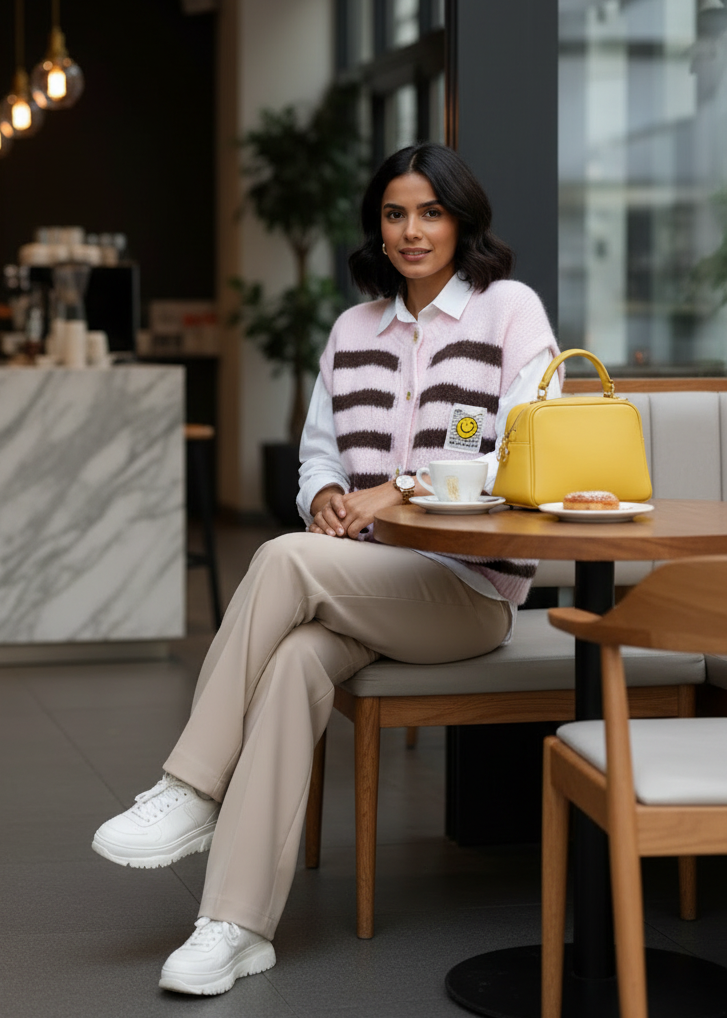 Kuschelige Weste "Smile" gestreift rosa/schoko (36-42)