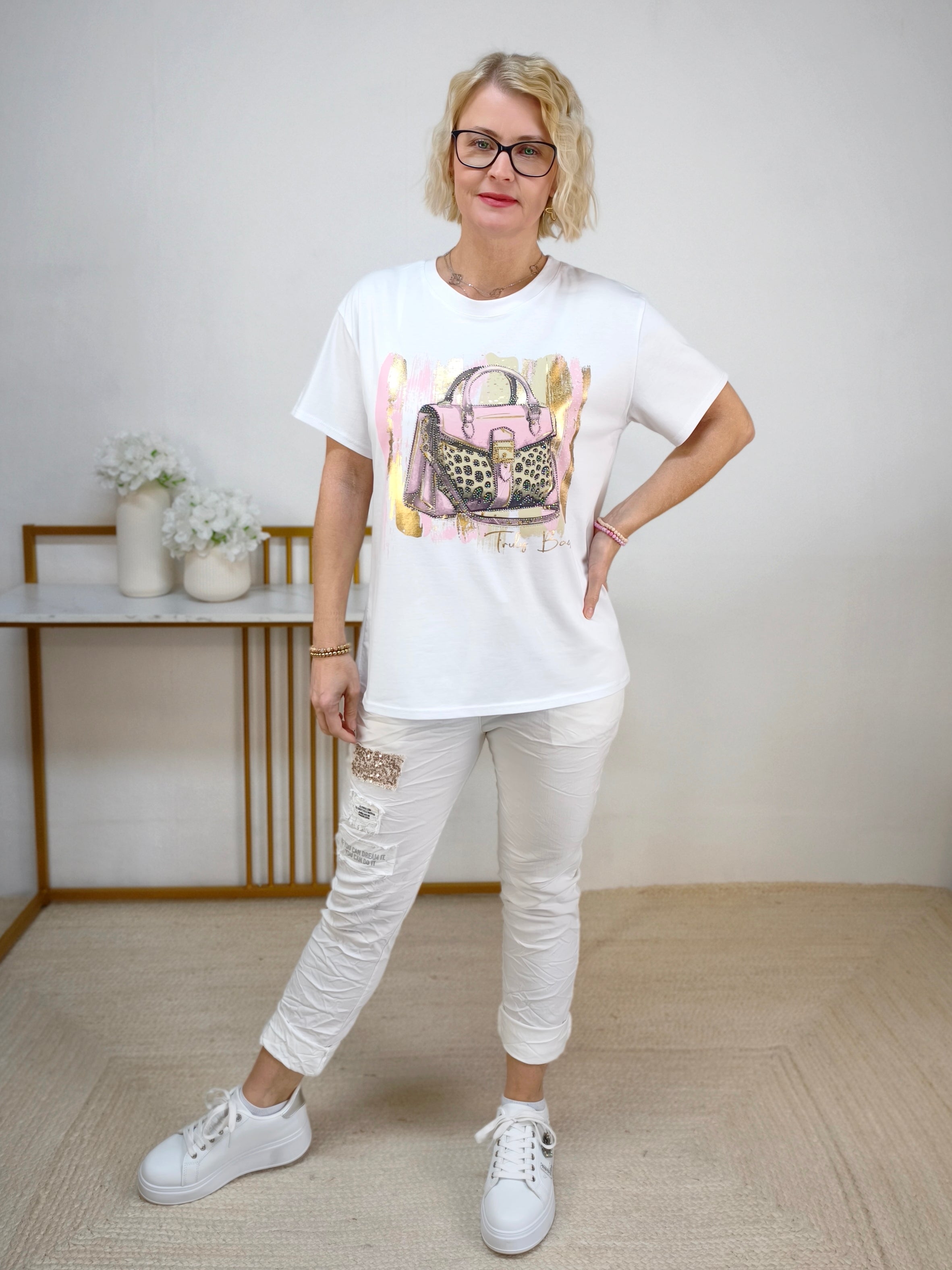 T-Shirt "Bag" weiss/rosa/gold (38-42)