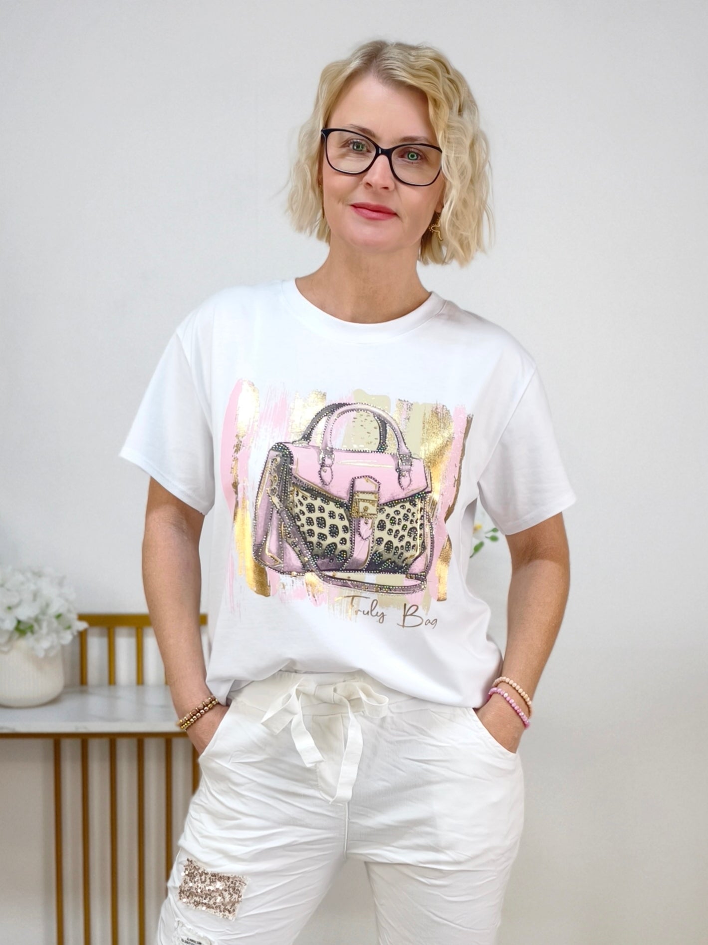 T-Shirt "Bag" weiss/rosa/gold (38-42)